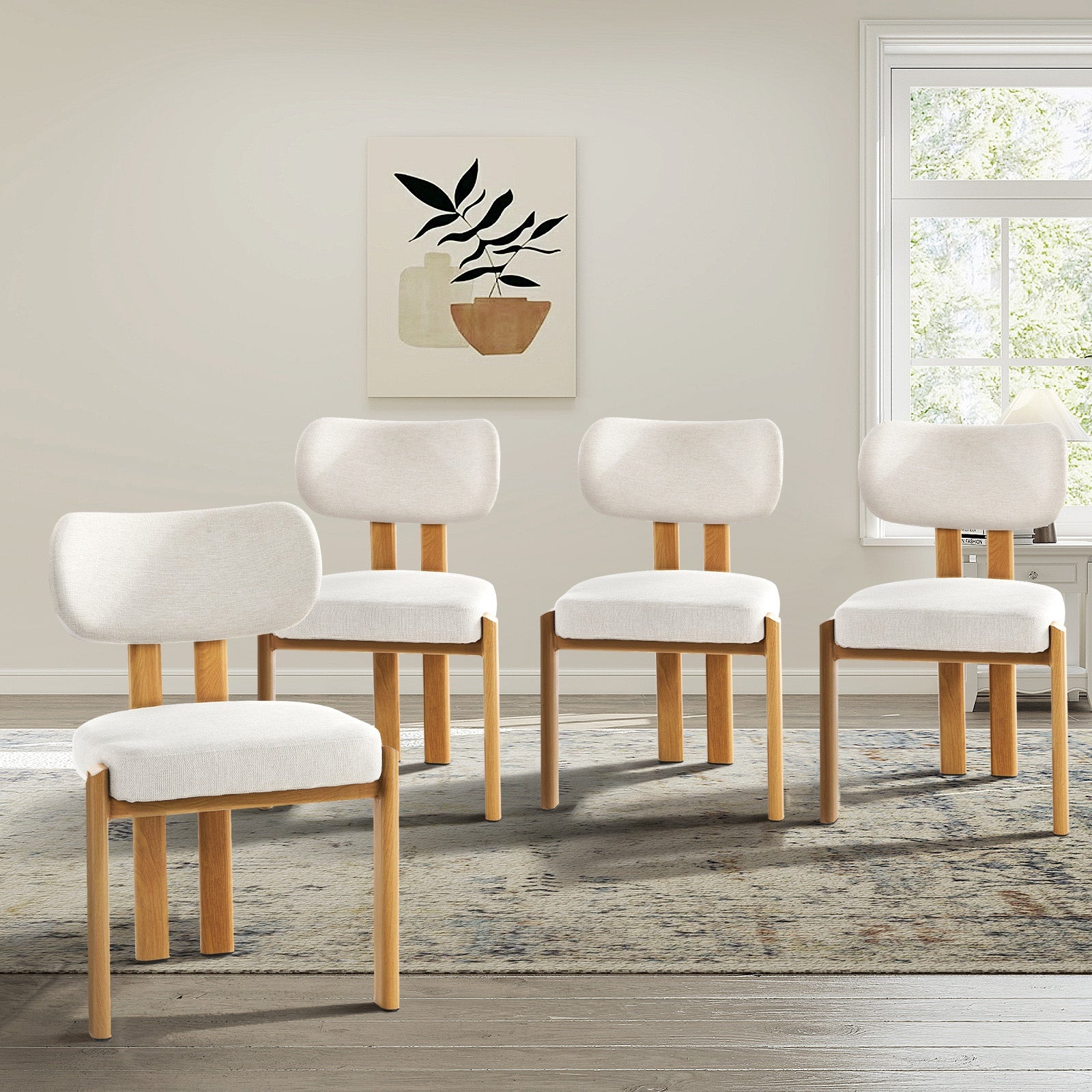 Oikiture Set of 4 Dining Chairs Linen Fabric Kitchen Chair Padded Seat Beige - Sunyee