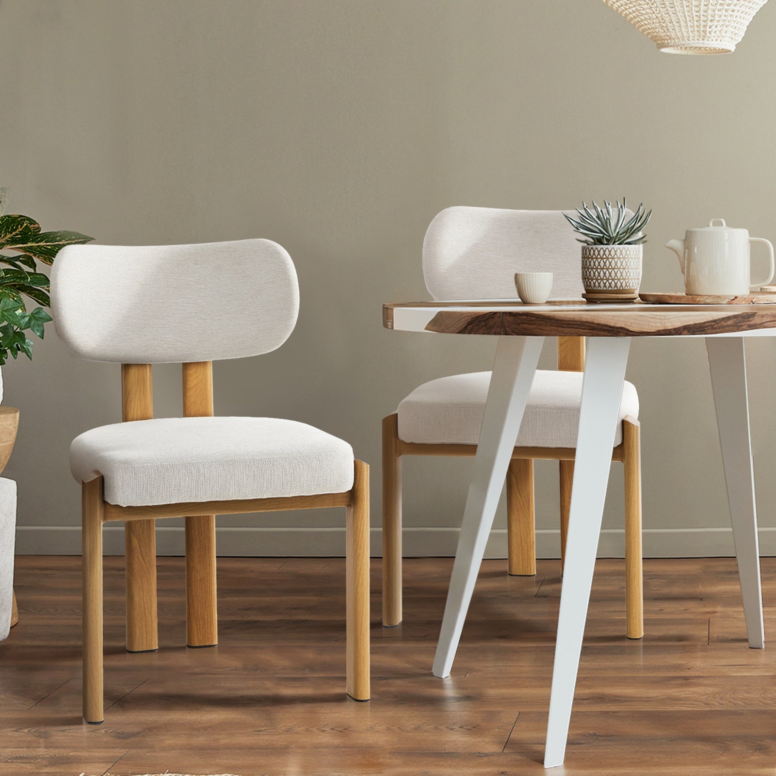 Oikiture Set of 4 Dining Chairs Linen Fabric Kitchen Chair Padded Seat Beige - Sunyee