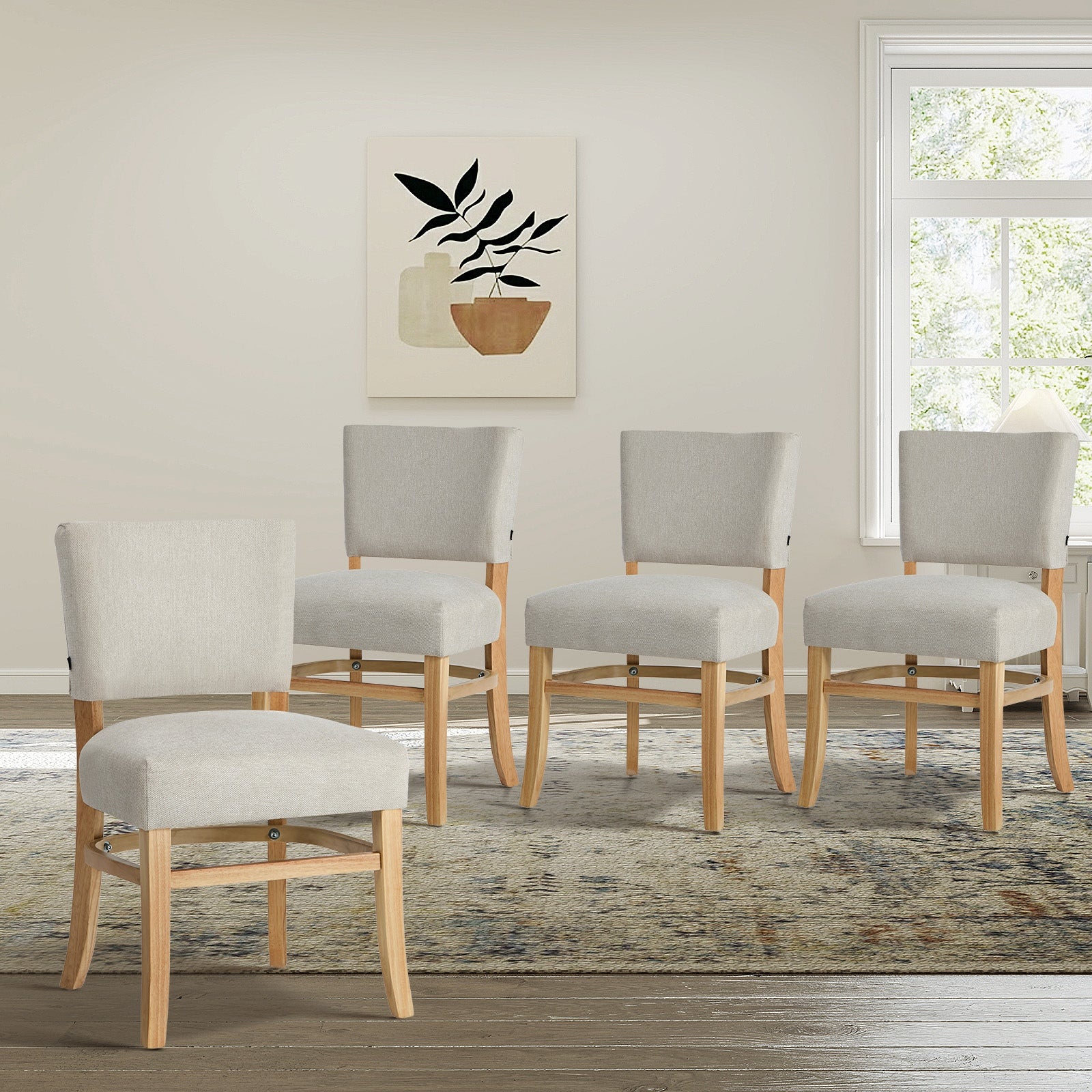 Oikiture 4x Dining Chairs Wooden Kitchen Seat Rubberwood Frame Accent Chair Beig - Sunyee