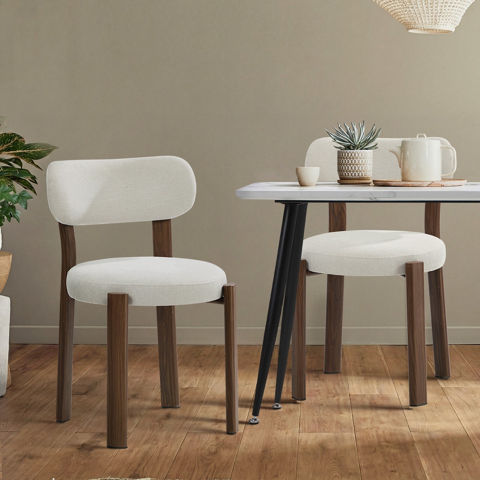 Oikiture 2x Dining Chair Upholstery Chairs Timber-Look Frame Walunt&Beige