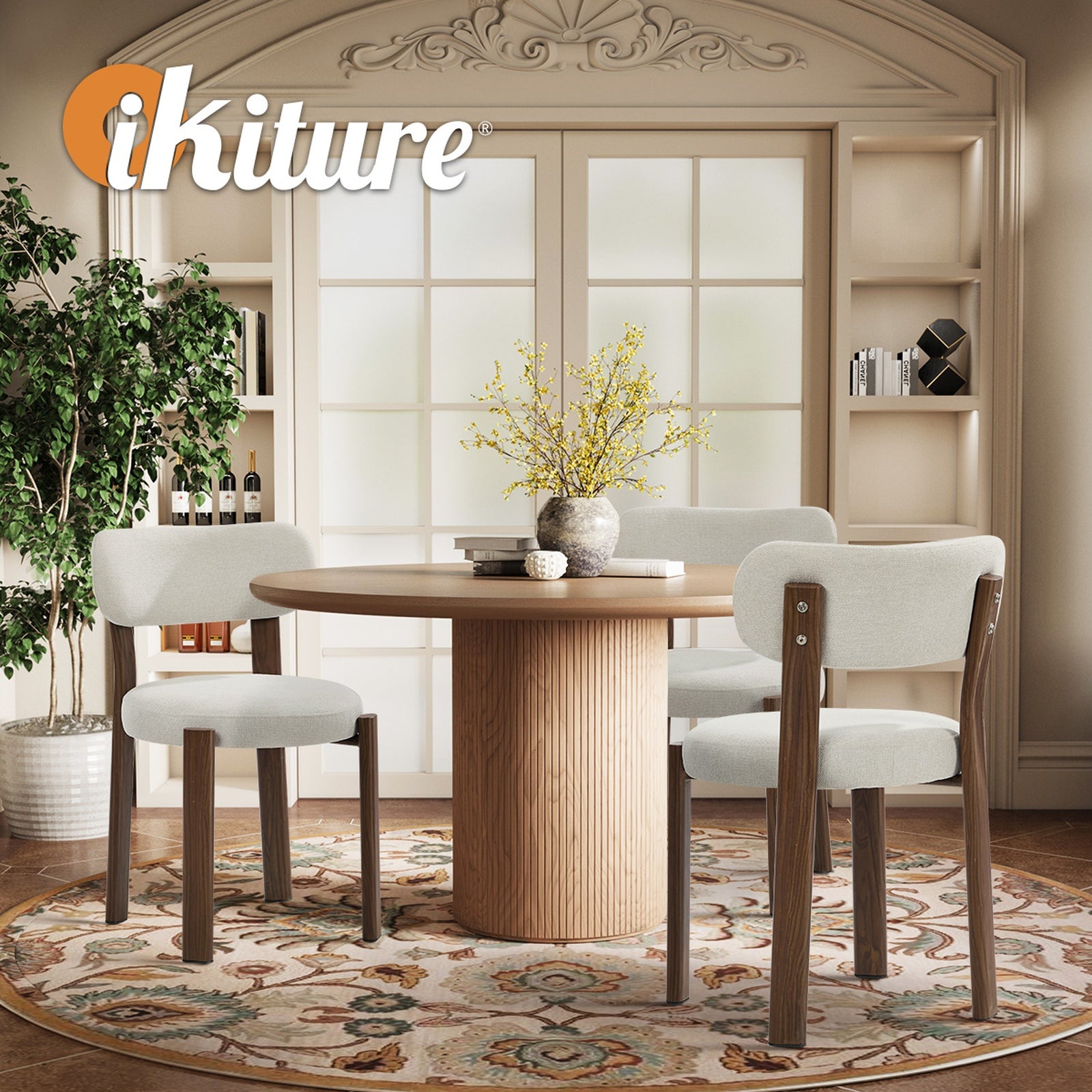 Oikiture 2x Dining Chair Upholstery Chairs Timber-Look Frame Walunt&Beige