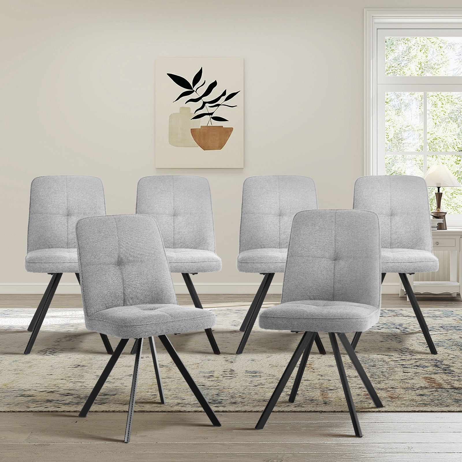 Oikiture 6x Dining Chair Kitchen Seat Linen Fabric Accent Chair Grey - Sunyee