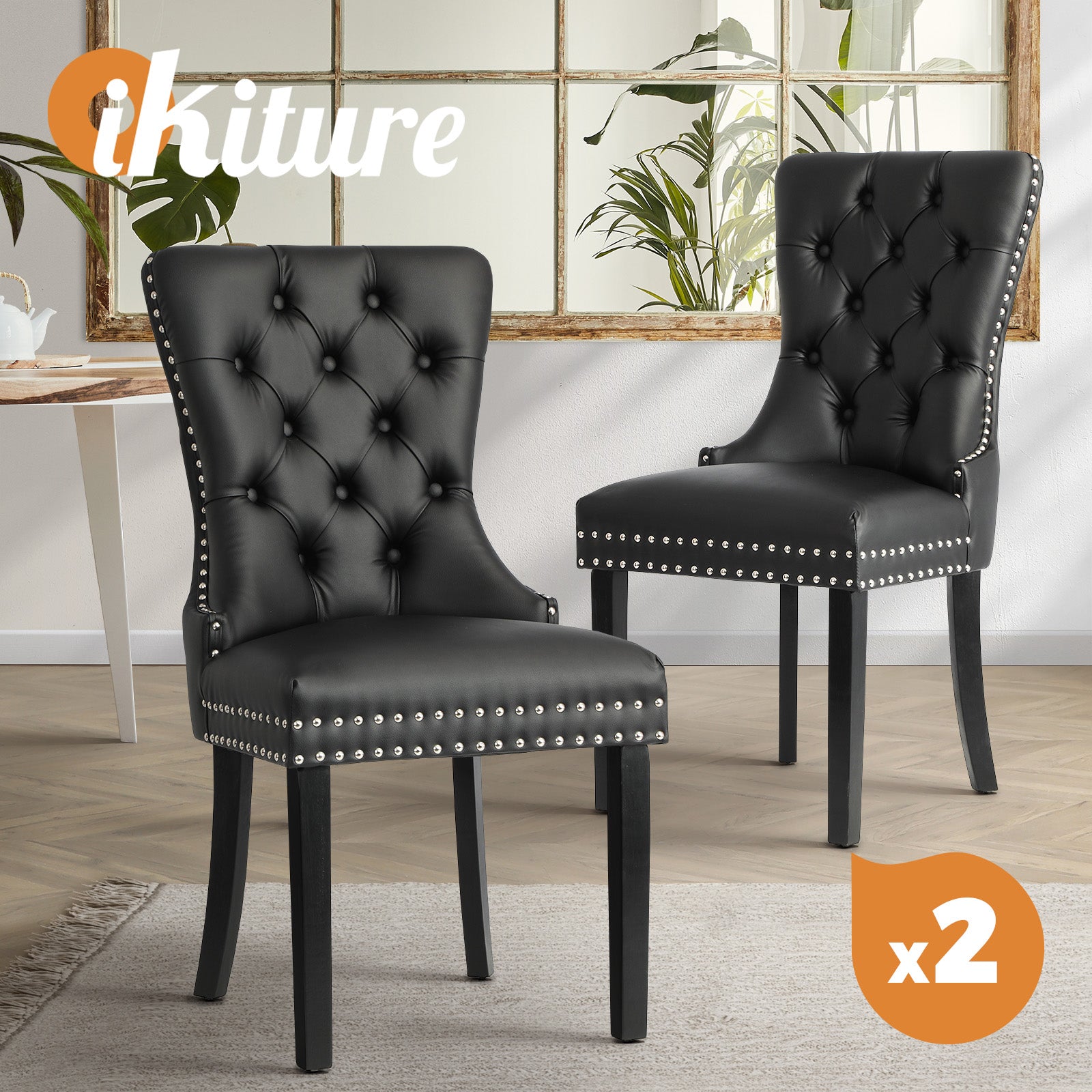 Oikiture 2x Dining Chairs Upholstered French Provincial Tufted PU Leather Black - Sunyee