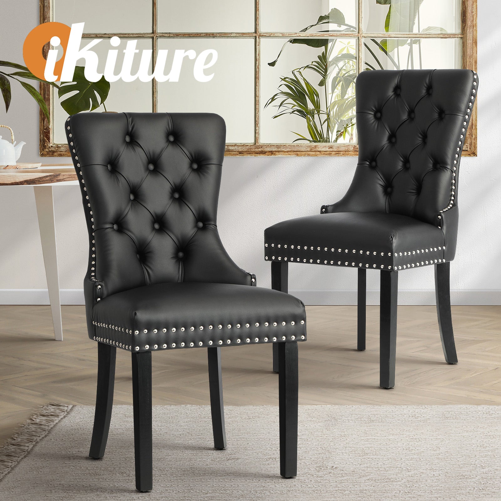 Oikiture 2x Dining Chairs Upholstered French Provincial Tufted PU Leather Black - Sunyee