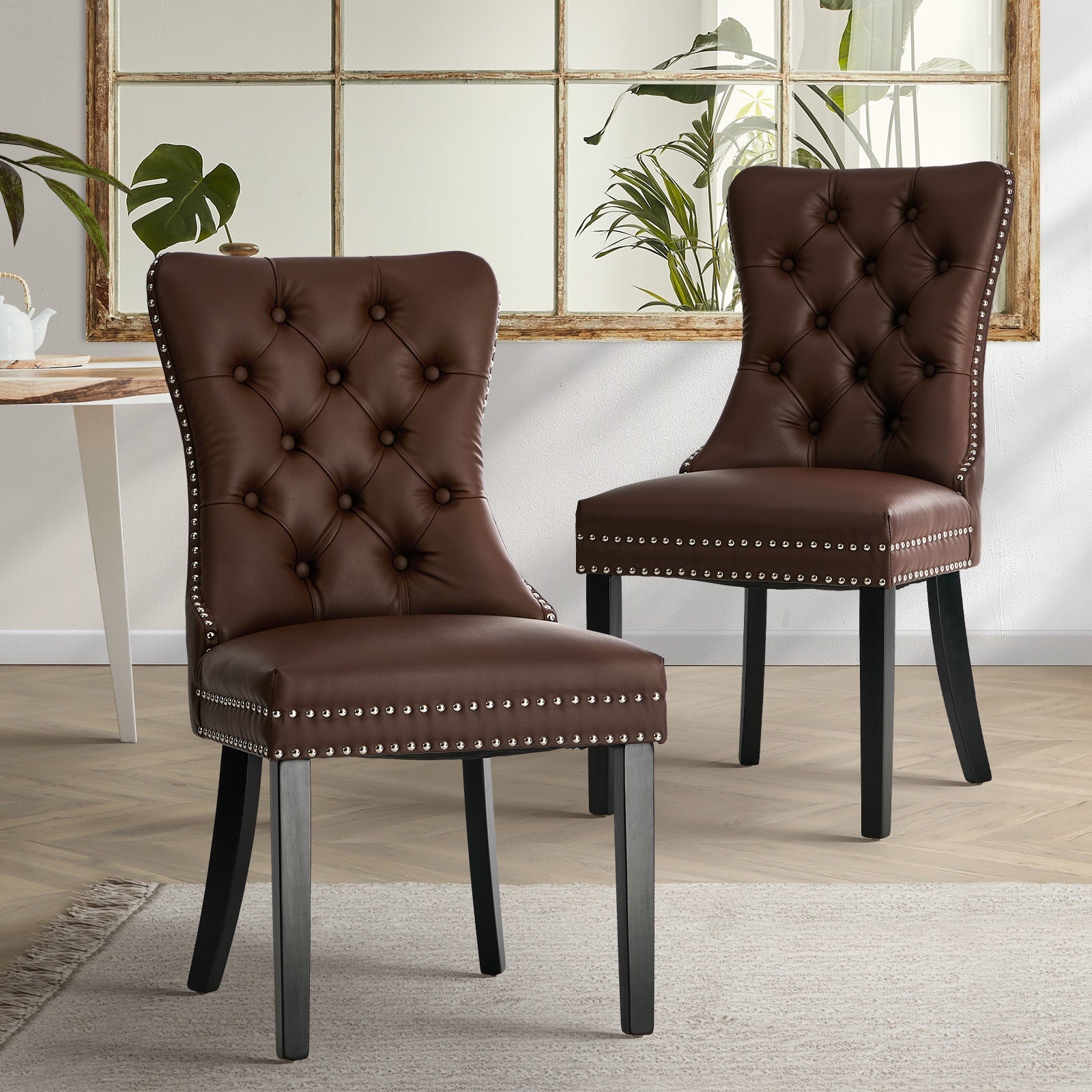Oikiture 2x Dining Chairs Upholstered French Provincial Tufted PU Leather Brown - Sunyee