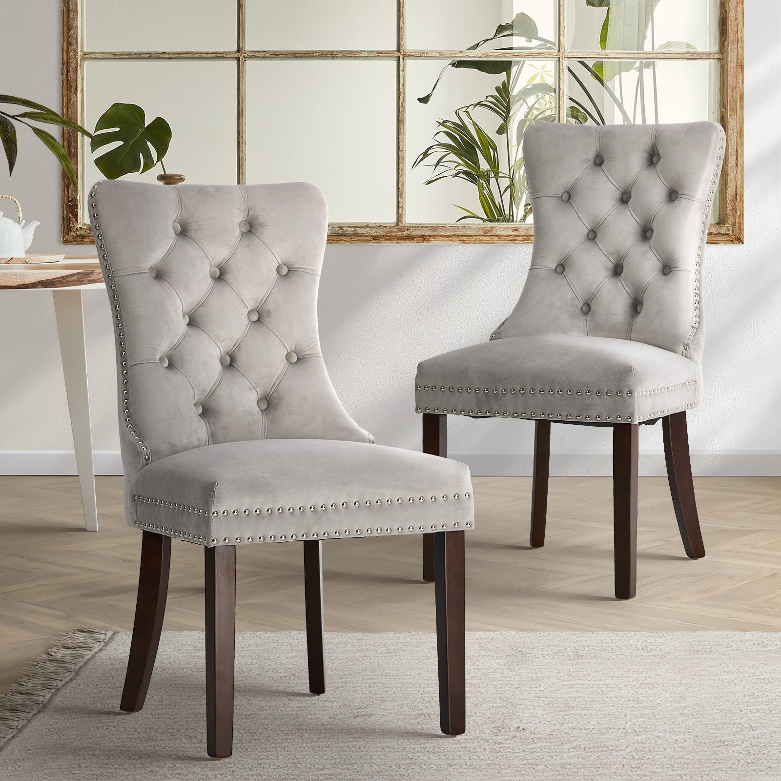 Oikiture 2x Velvet Dining Chairs Upholstered French Provincial Tufted Light Grey - Sunyee