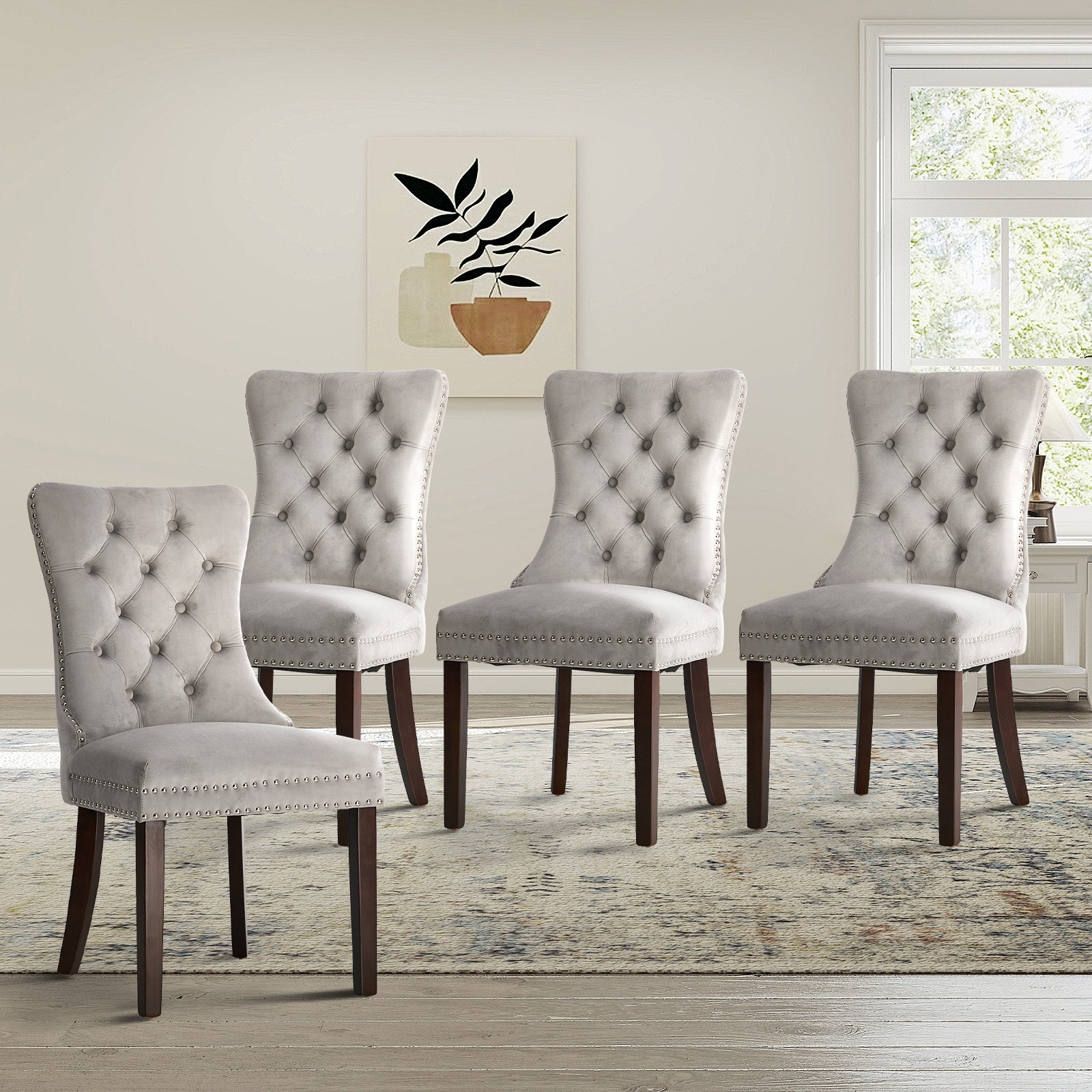 Oikiture 4x Velvet Dining Chairs Upholstered French Provincial Tufted Light Grey - Sunyee