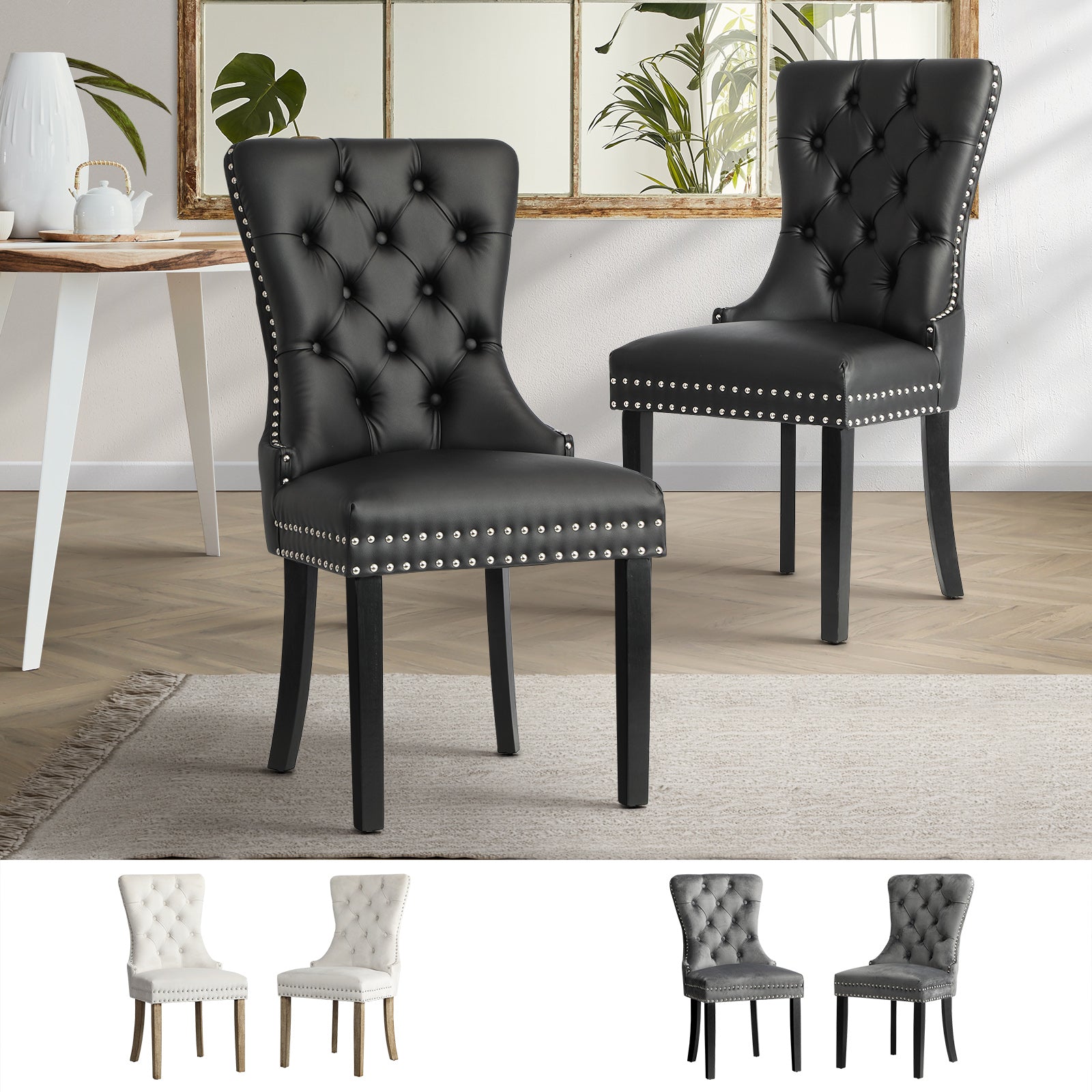 Oikiture 2x Velvet/PU Leather Dining Chairs Upholstered French Provincial Tufted - Sunyee