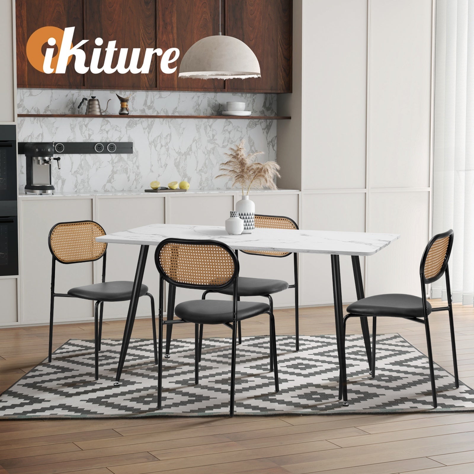 Oikiture 4PCS Dining Chair Accent Chairs Rattan Furniture PU Leather Black - Sunyee