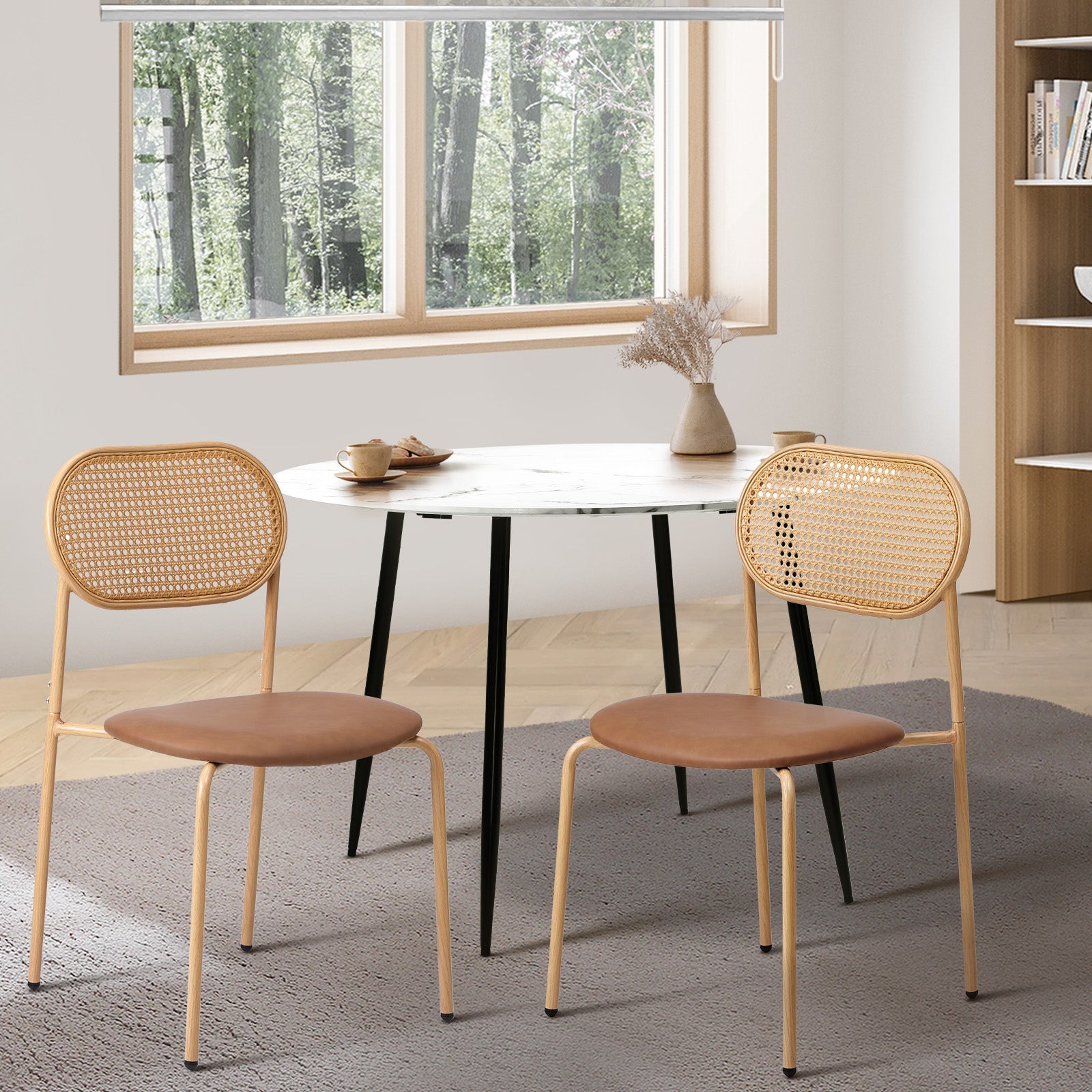 Oikiture 2PCS Dining Chair Accent Chairs Rattan Furniture PU Leather Brown - Sunyee