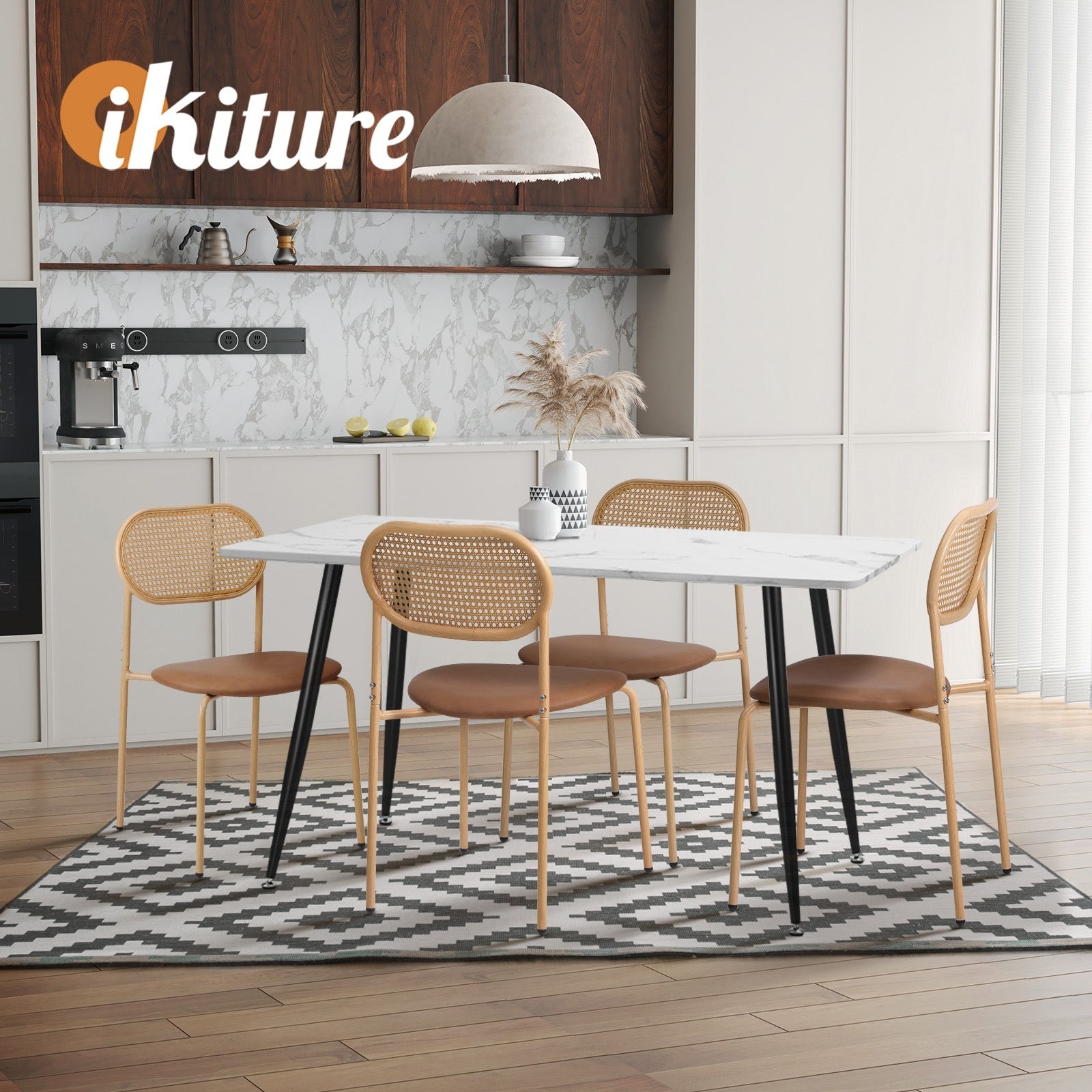 Oikiture 4PCS Dining Chair Accent Chairs Rattan Furniture PU Leather Brown - Sunyee
