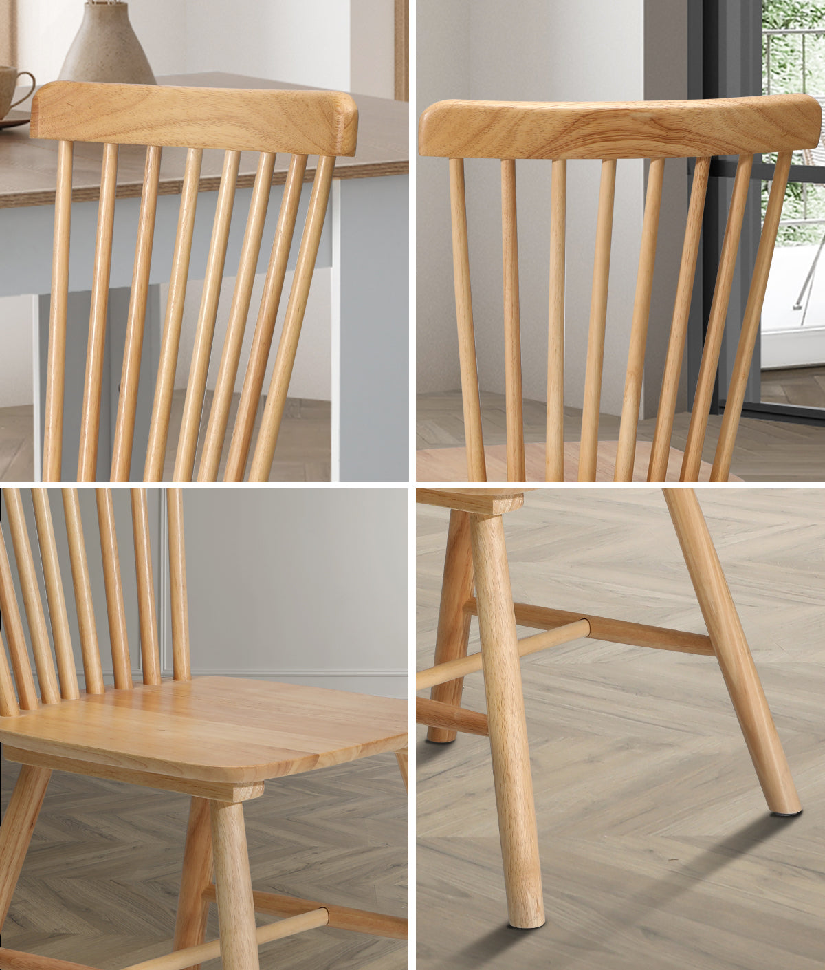 Oikiture 2x Dining Chairs Minimalist Vertical Back Chair Wooden Home Rubber Wood - Sunyee