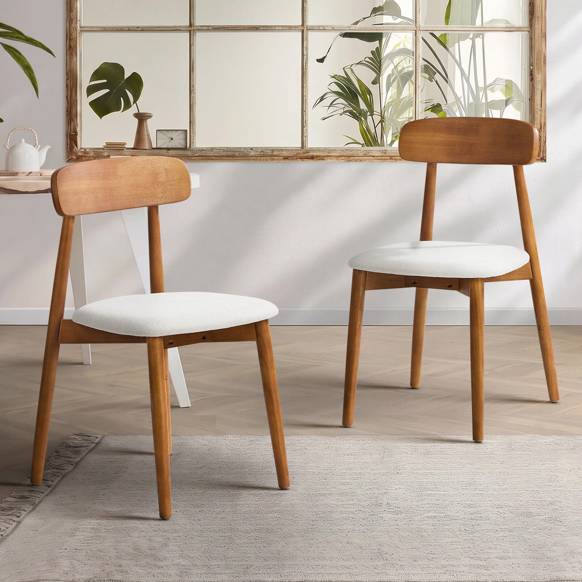 Oikiture 2x Dining Chairs Kitchen Chair PU Leather Lounge Beige&Walunt