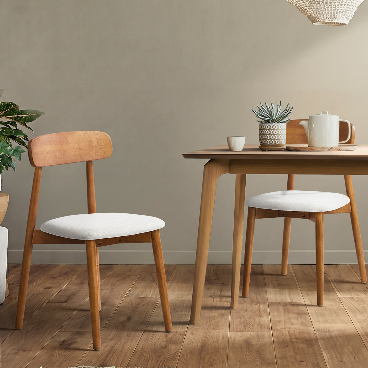 Oikiture 2x Dining Chairs Kitchen Chair PU Leather Lounge Beige&Walunt