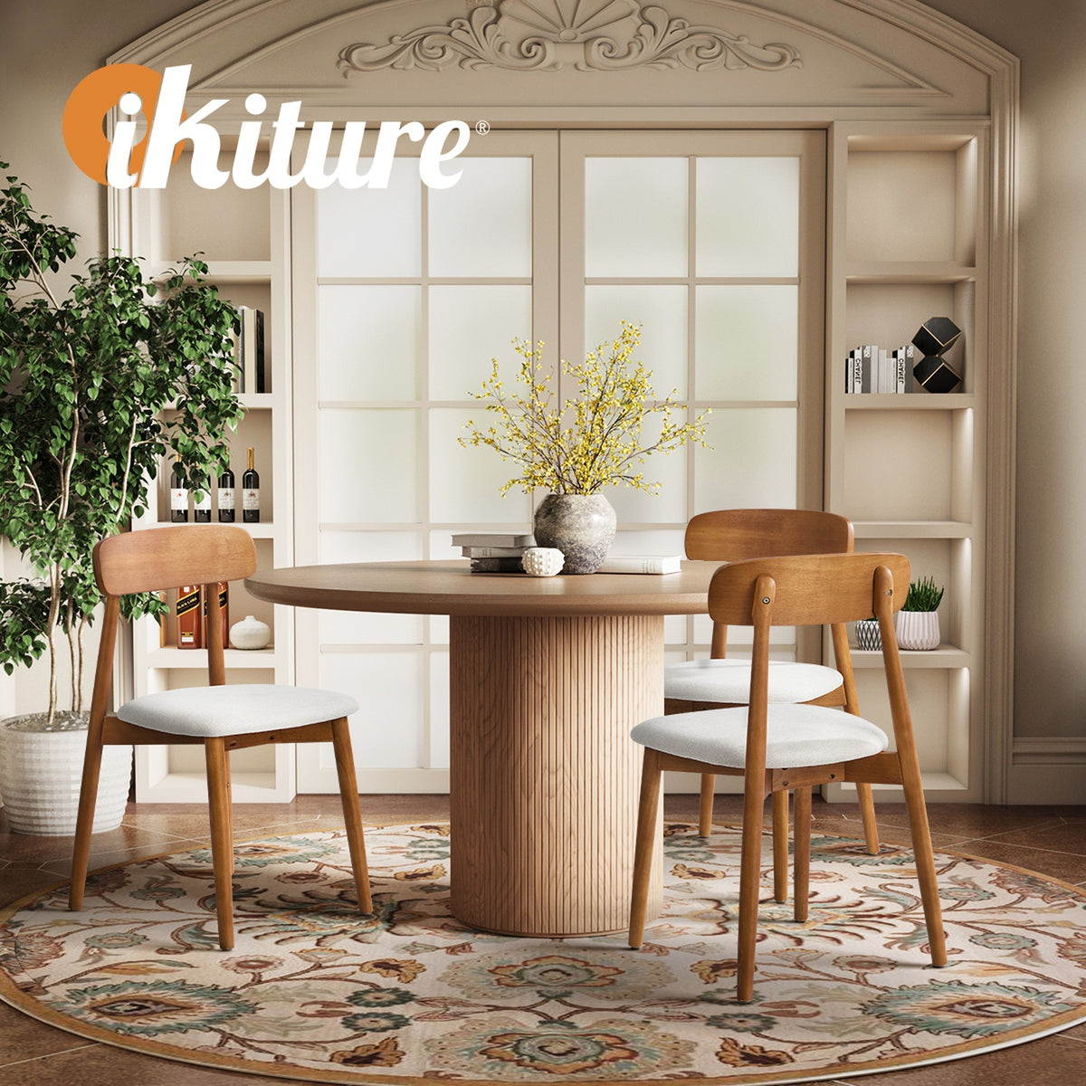 Oikiture 2x Dining Chairs Kitchen Chair PU Leather Lounge Beige&Walunt