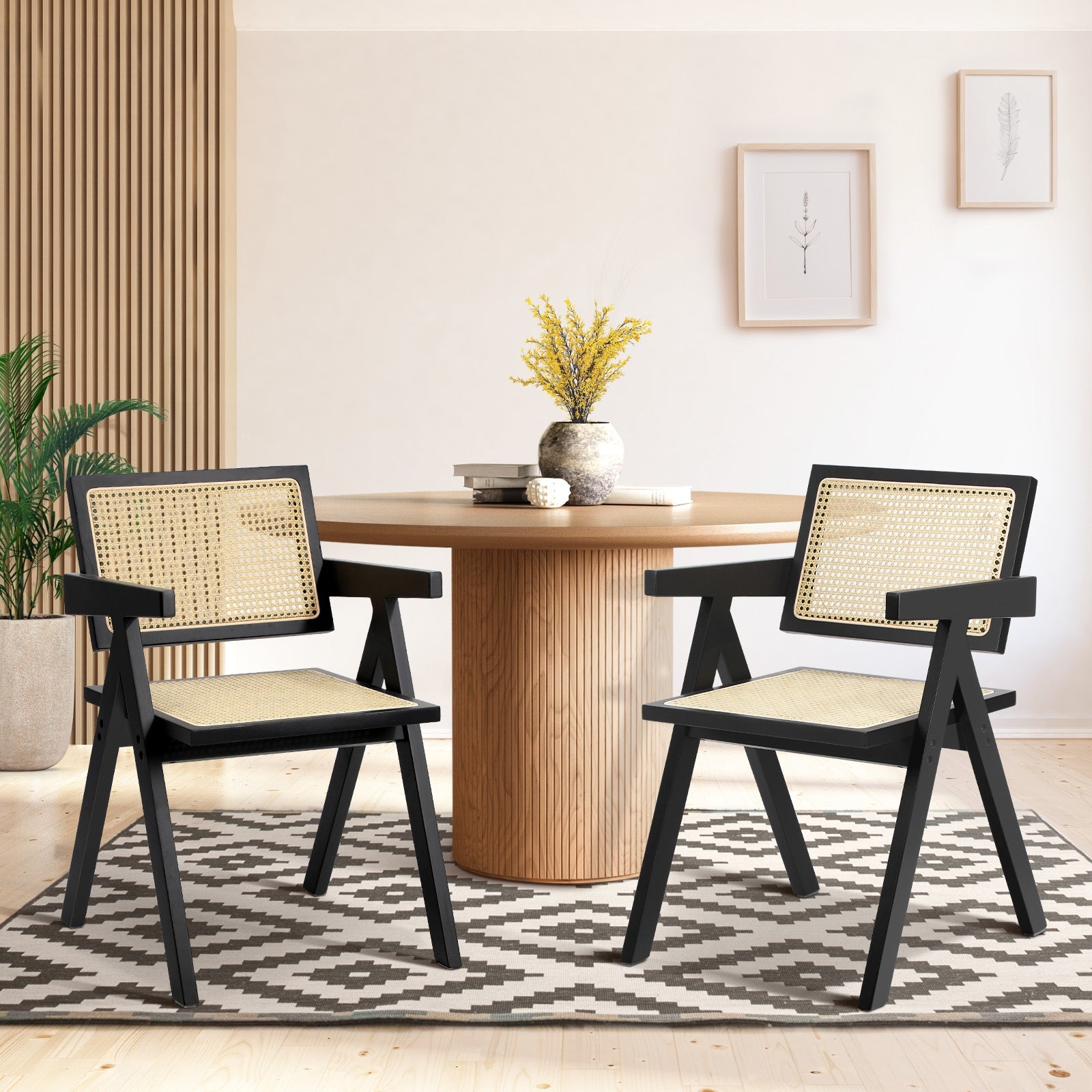 Oikiture 2x Dining Chairs Rattan Chair Wooden Accent Chair Black - Sunyee