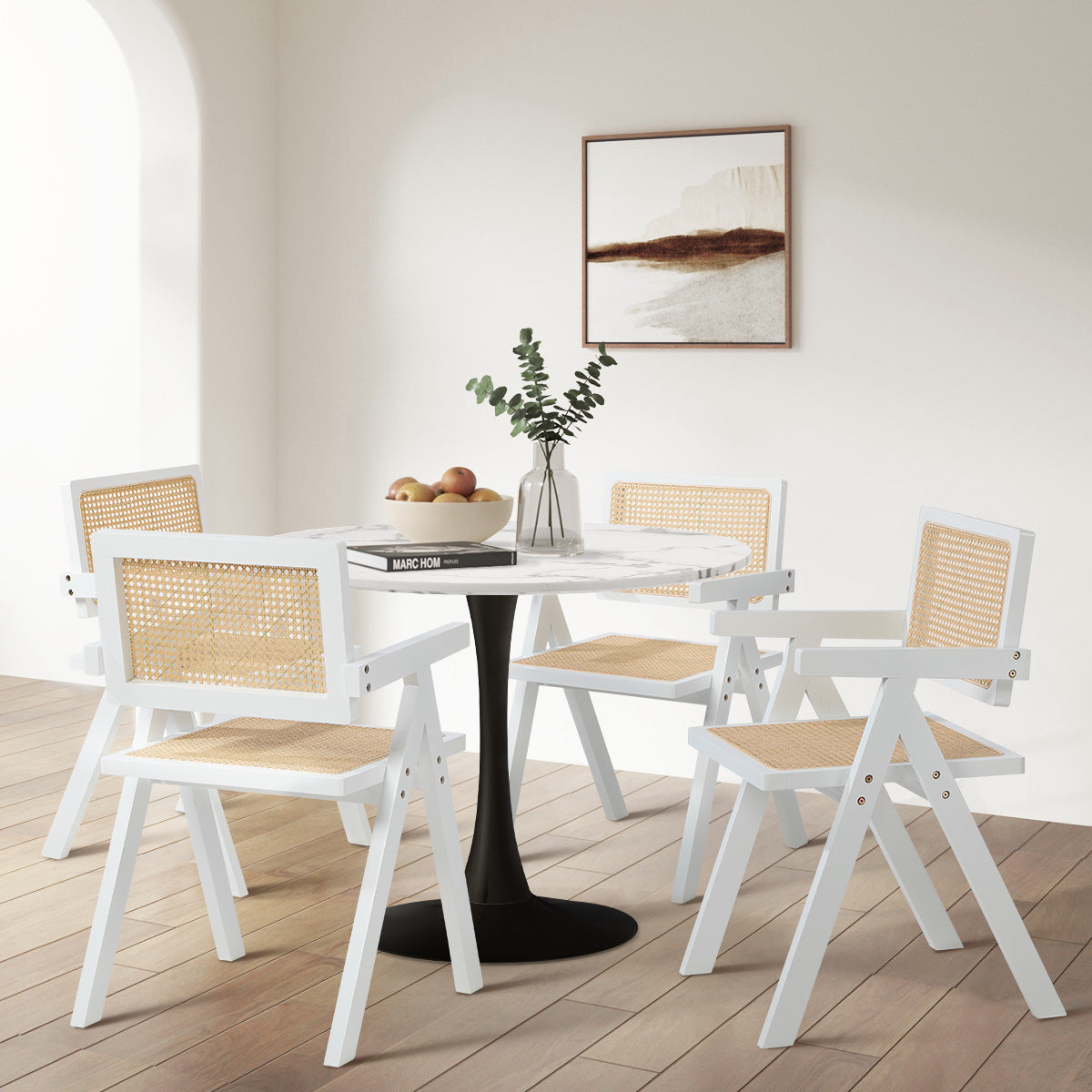 Oikiture 2x Dining Chairs PE Rattan Chair Bamboo Frame White