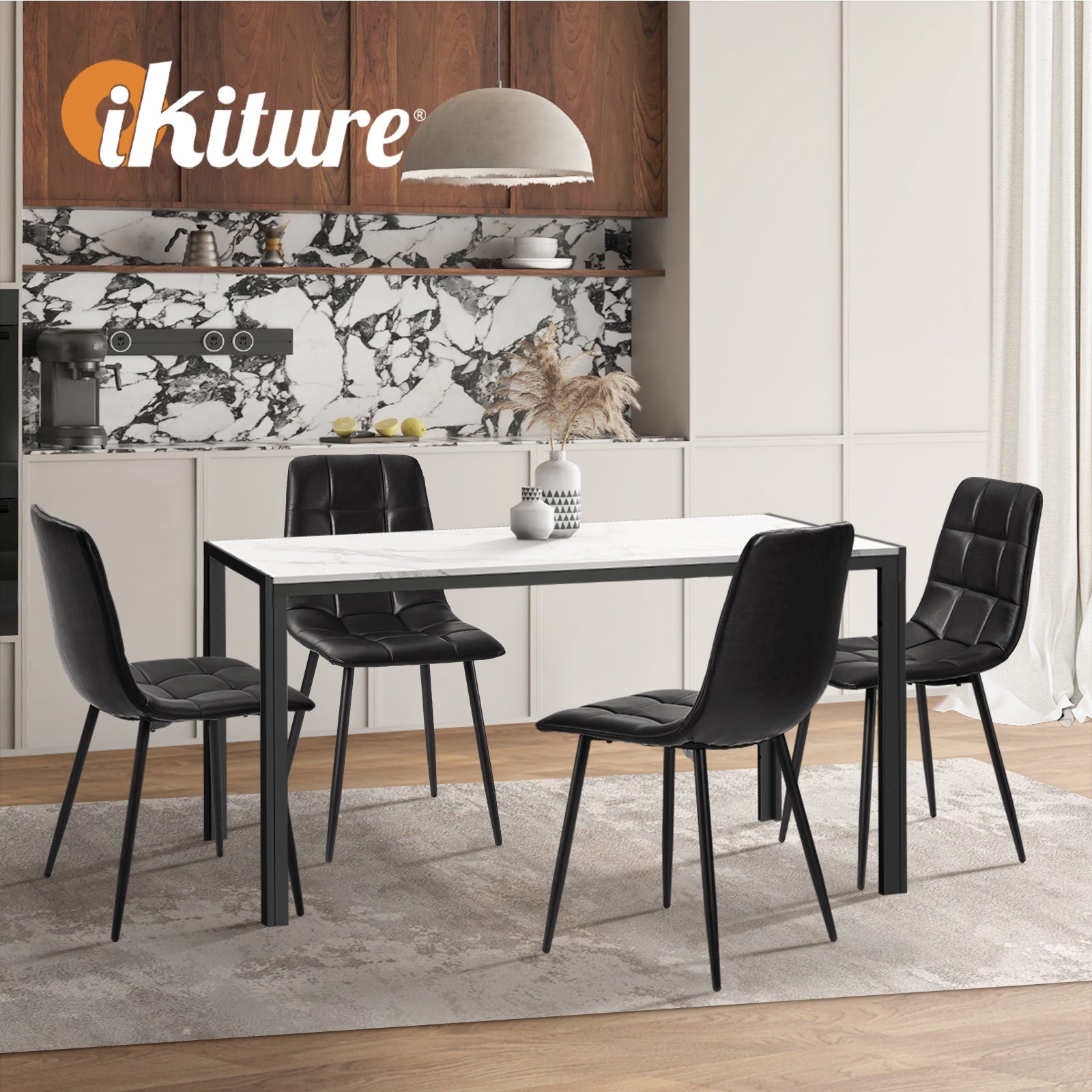 Oikiture 4x Padded Dining Chairs Kitchen PU Leather Seat Retro Black - Sunyee