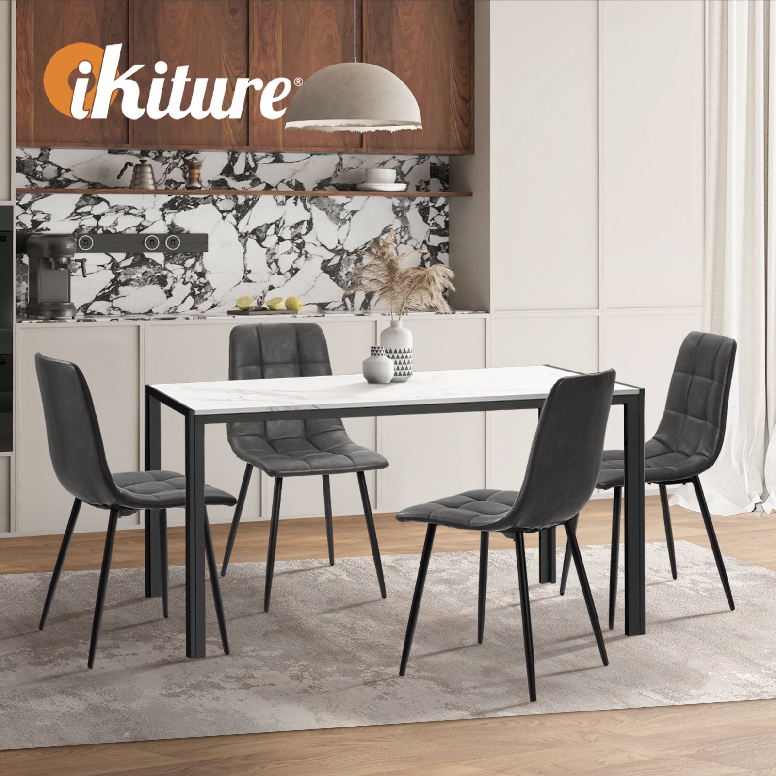 Oikiture 4x Padded Dining Chairs Kitchen PU Leather Seat Retro Grey - Sunyee