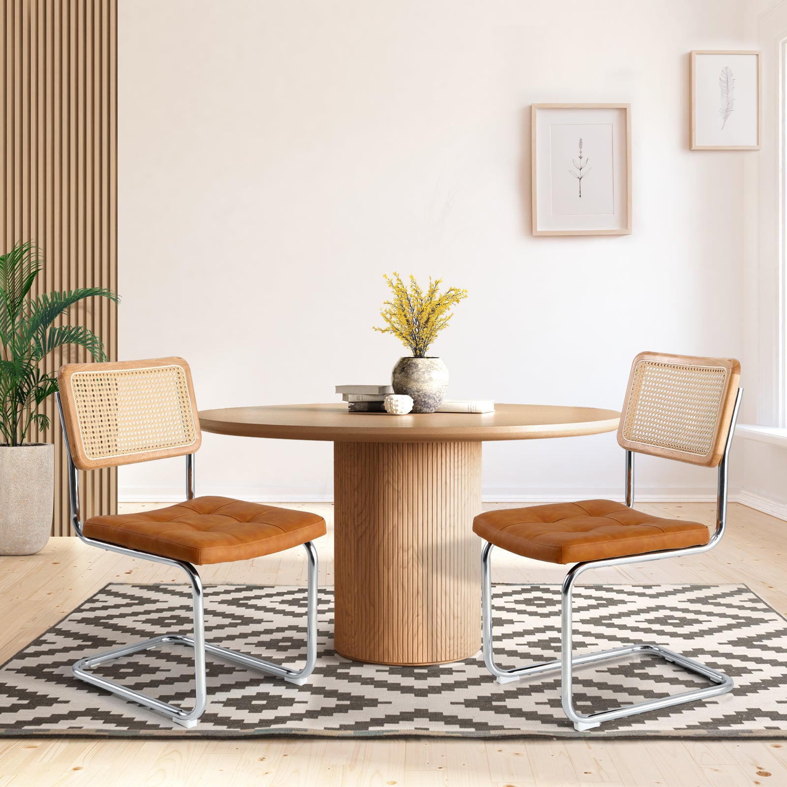 Oikiture 2x Rattan Dining Chair Cesca Replica Cantilever PU Leather Padded Brown - Sunyee