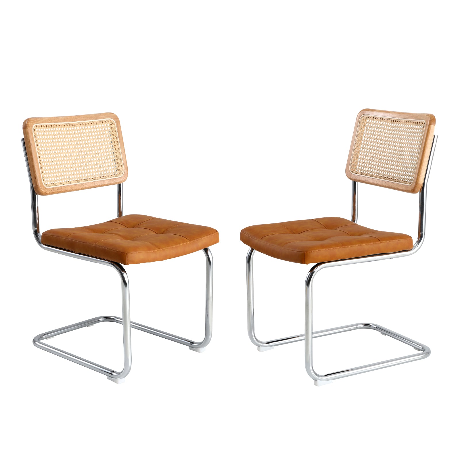 Oikiture 2x Rattan Dining Chair Cesca Replica Cantilever PU Leather Padded Brown - Sunyee