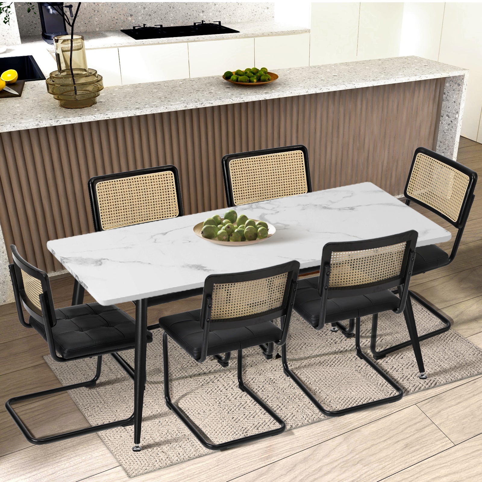 Oikiture 2x Rattan Dining Chair Cesca Replica Cantilever PU Leather Padded Black - Sunyee