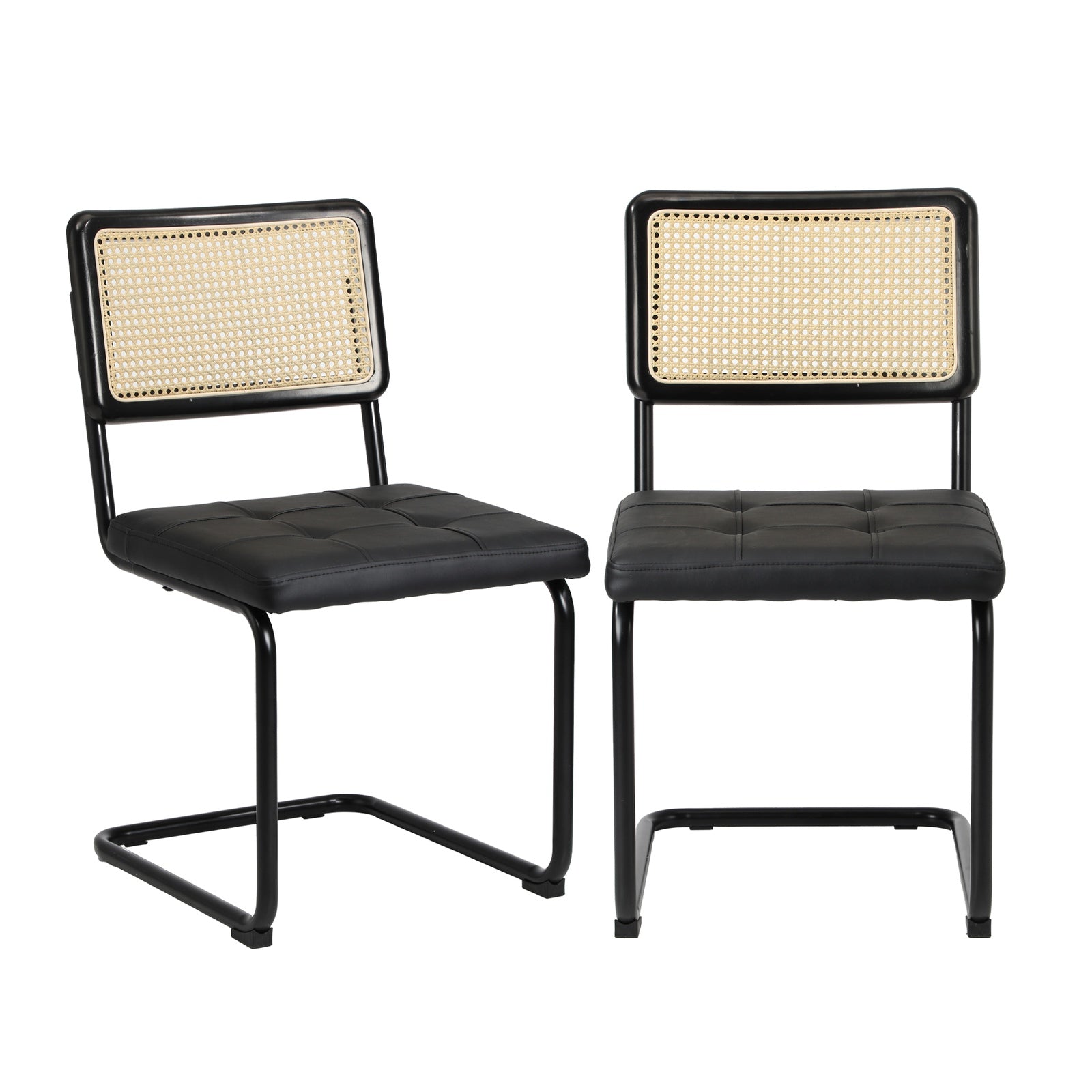 Oikiture 2x Rattan Dining Chair Cesca Replica Cantilever PU Leather Padded Black - Sunyee