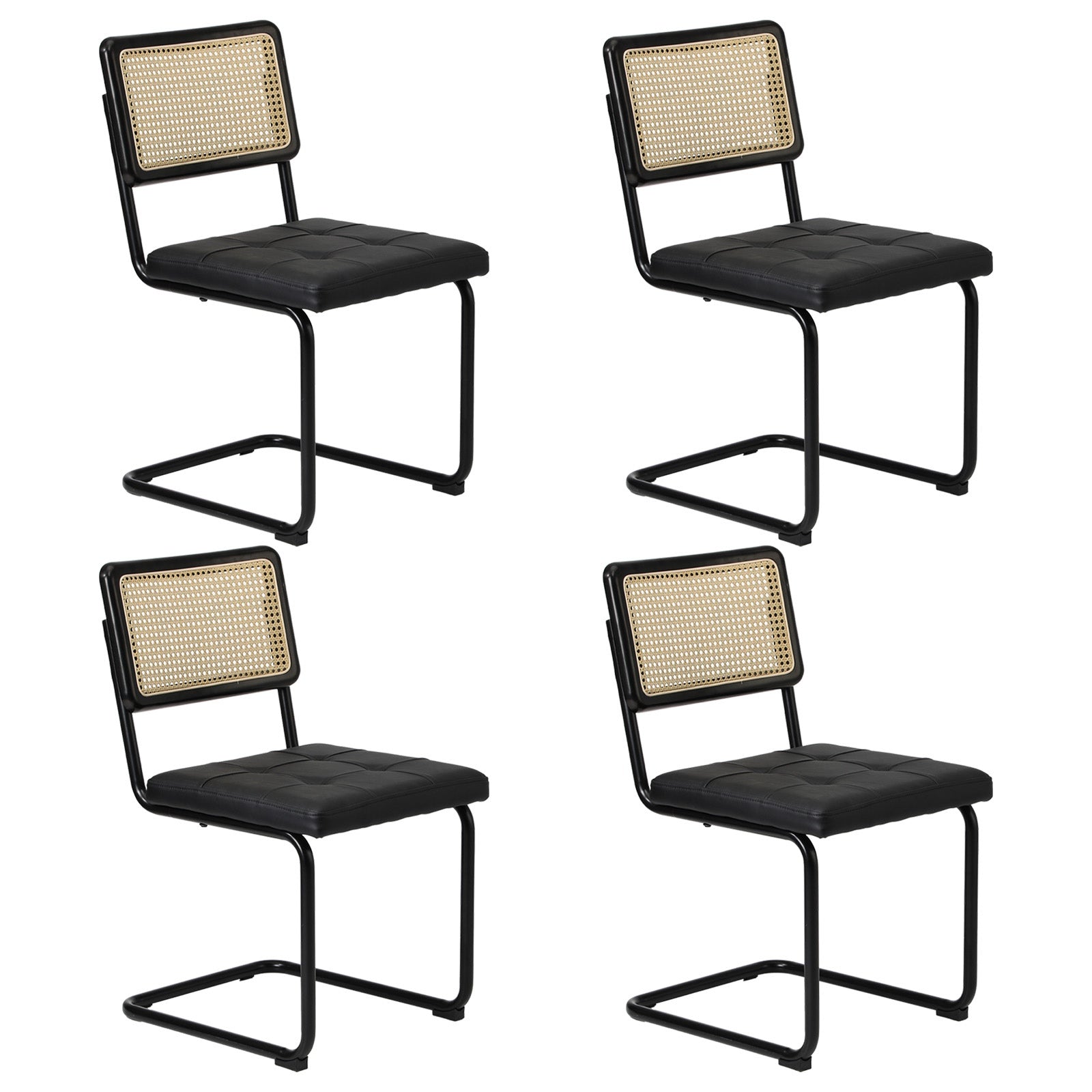 Oikiture 4x Rattan Dining Chair Cesca Replica Cantilever PU Leather Padded Black - Sunyee