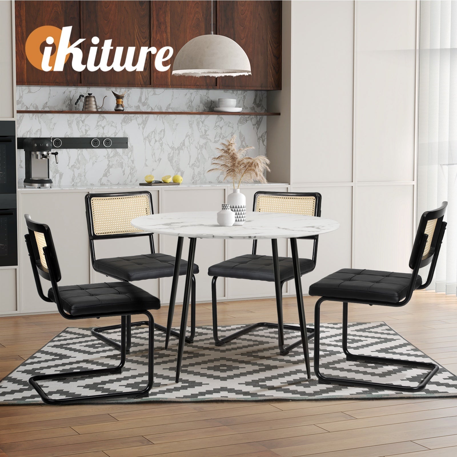 Oikiture 4x Rattan Dining Chair Cesca Replica Cantilever PU Leather Padded Black - Sunyee