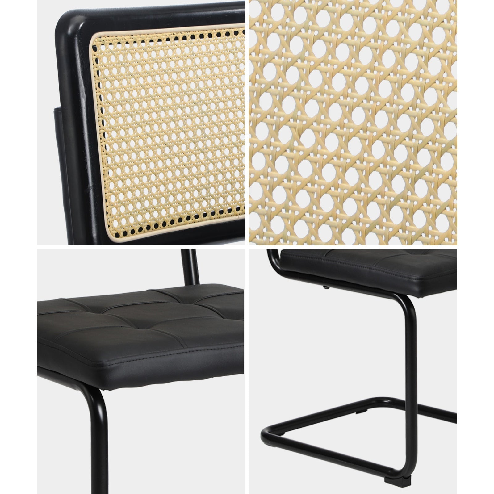 Oikiture 4x Rattan Dining Chair Cesca Replica Cantilever PU Leather Padded Black - Sunyee