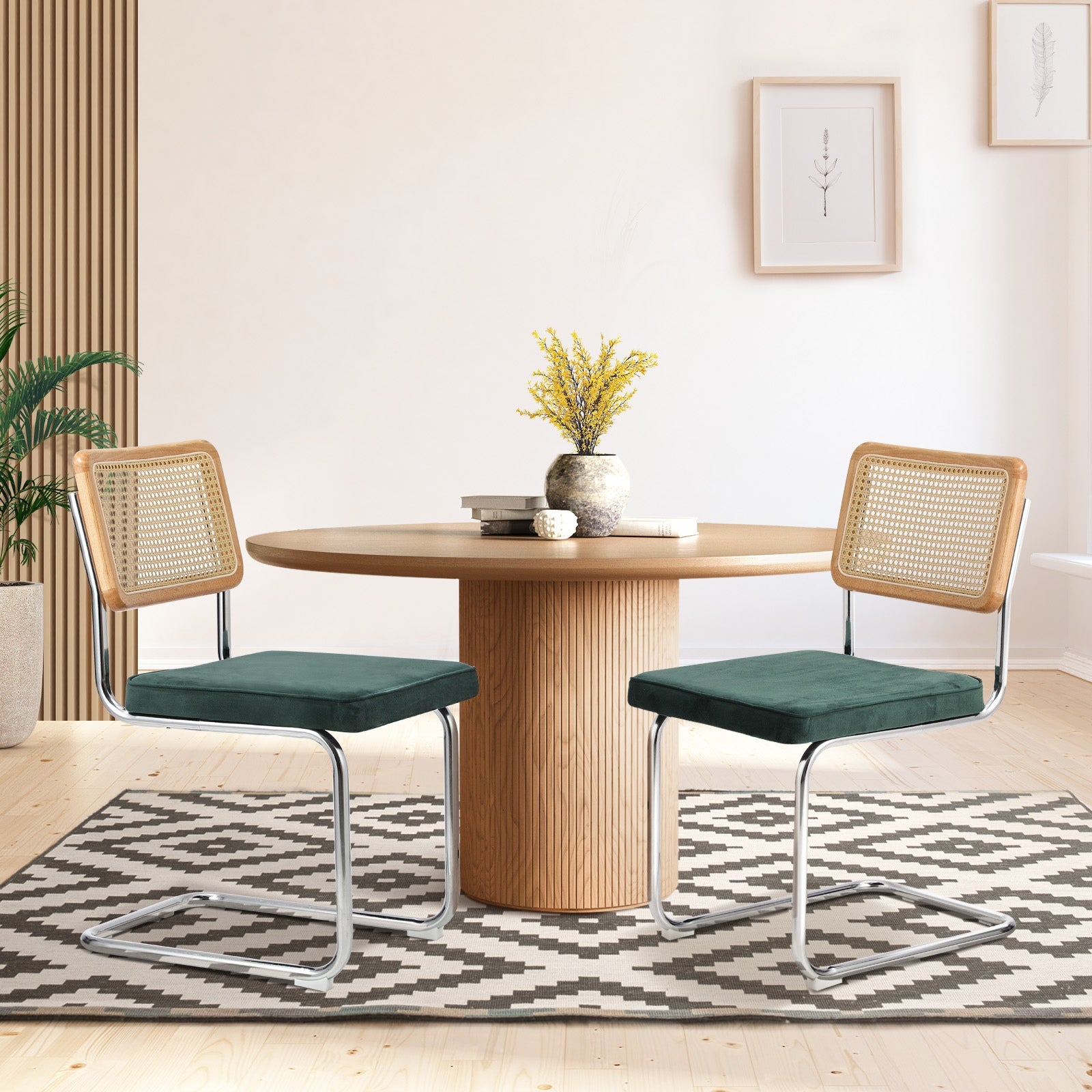 Oikiture 2x Rattan Dining Chair Cesca Replica Cantilever Velvet Padded Green - Sunyee