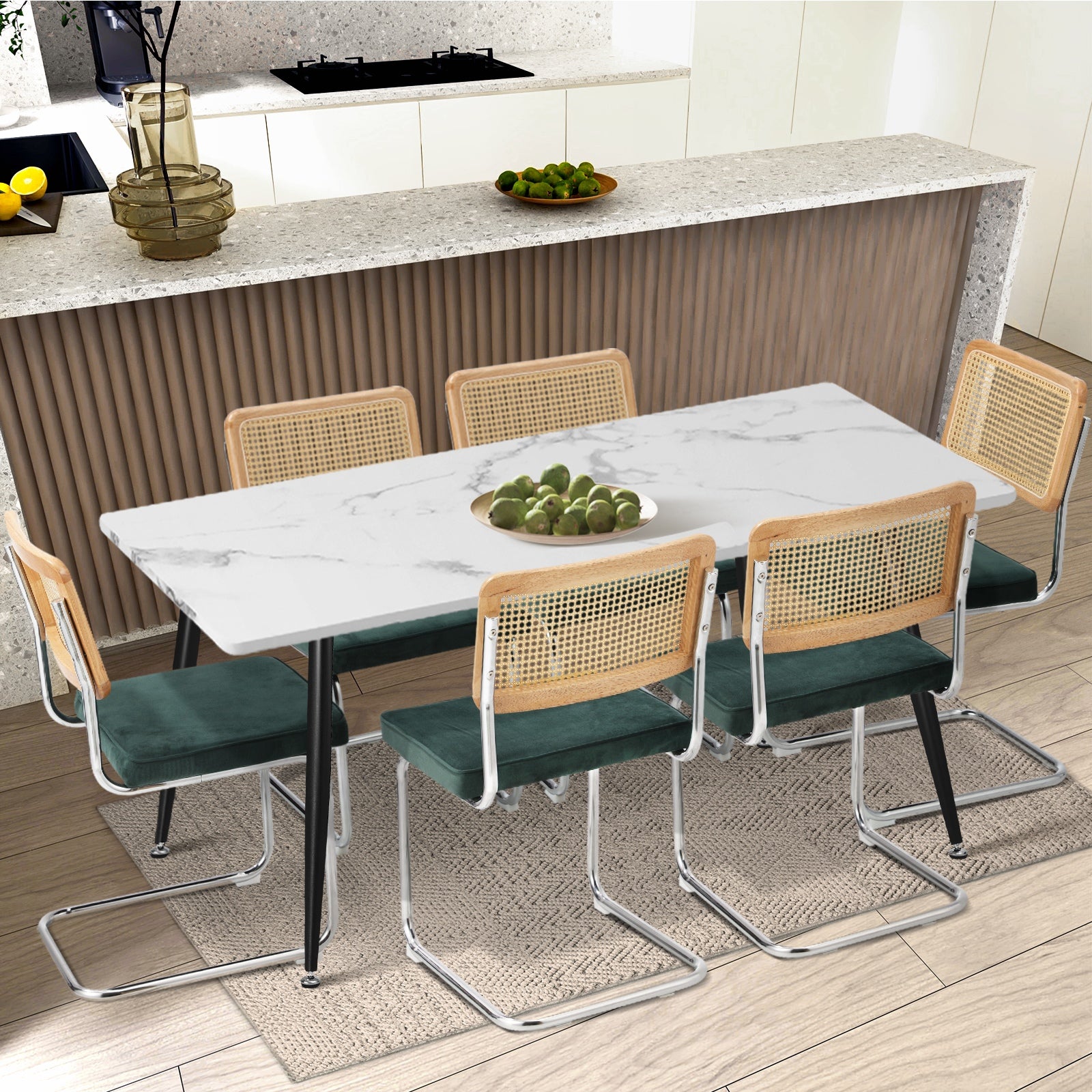 Oikiture 2x Rattan Dining Chair Cesca Replica Cantilever Velvet Padded Green - Sunyee