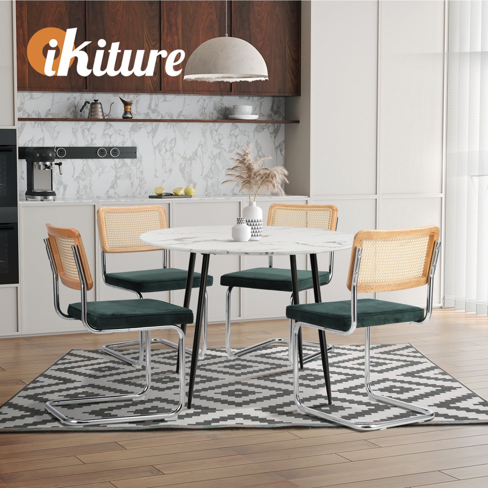 Oikiture 2x Rattan Dining Chair Cesca Replica Cantilever Velvet Padded Green - Sunyee