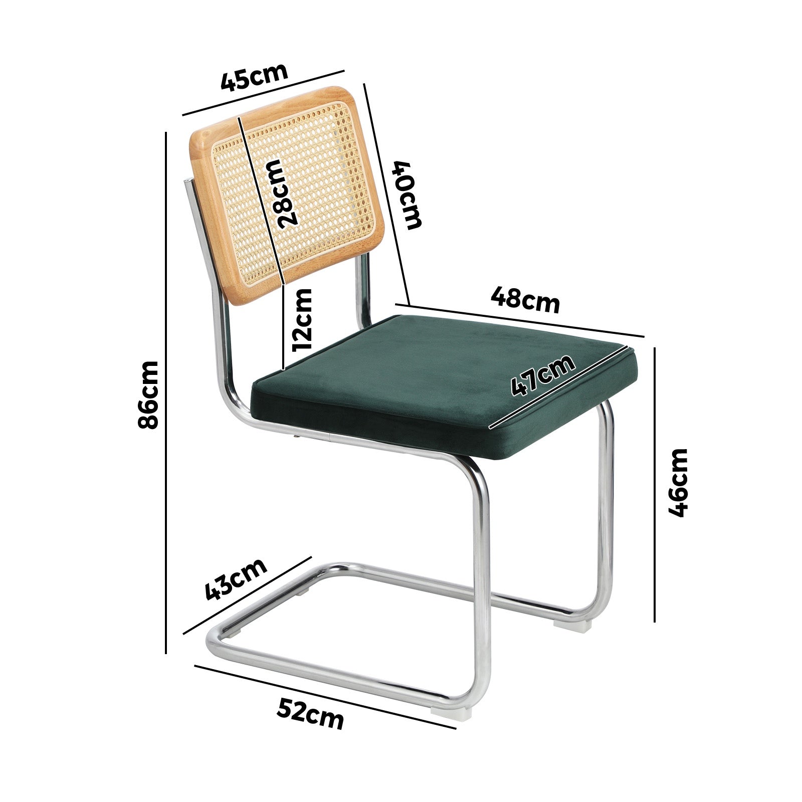 Oikiture 2x Rattan Dining Chair Cesca Replica Cantilever Velvet Padded Green - Sunyee