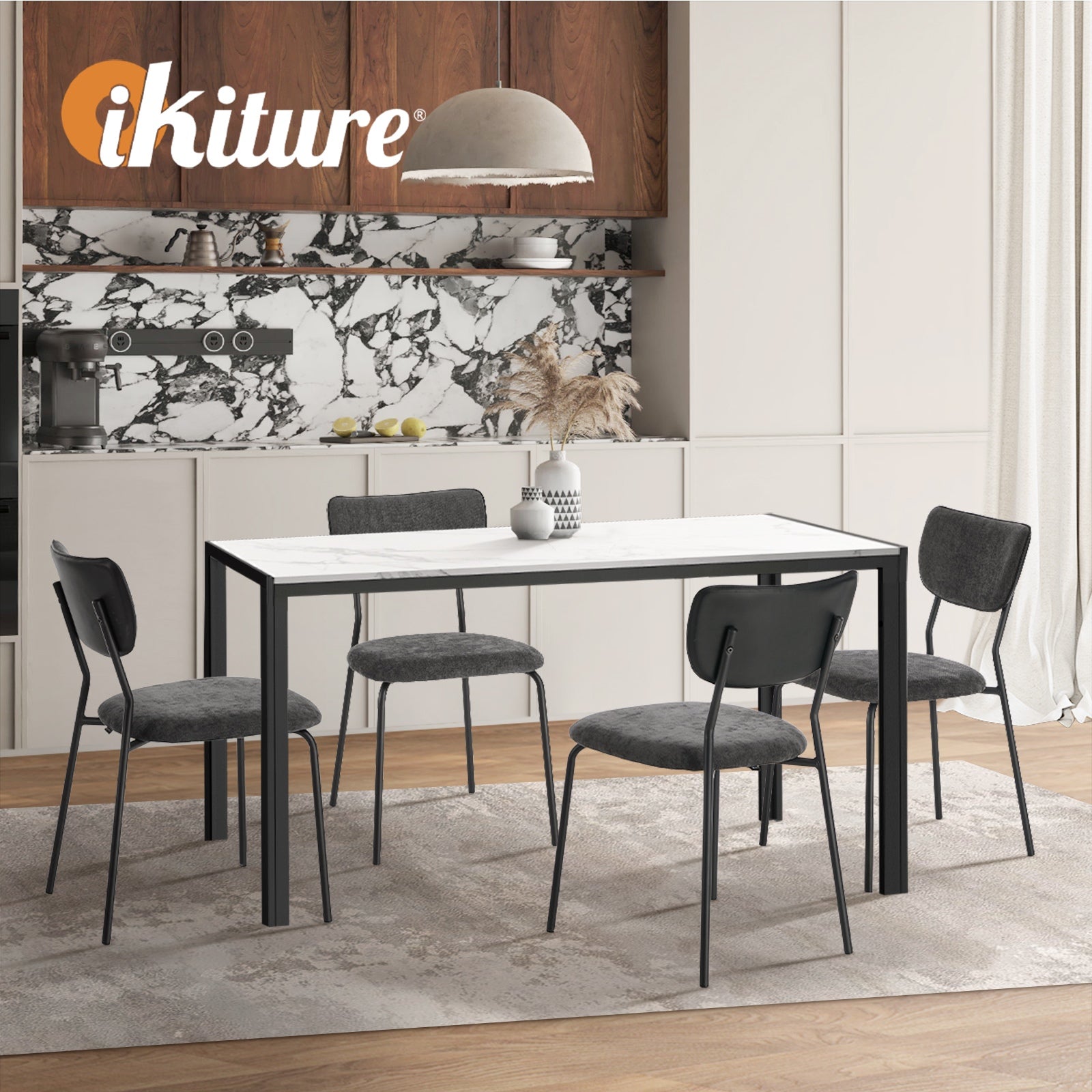 Oikiture Set of 4 Dining Chairs Linen Fabric Padded Seat Grey - Sunyee