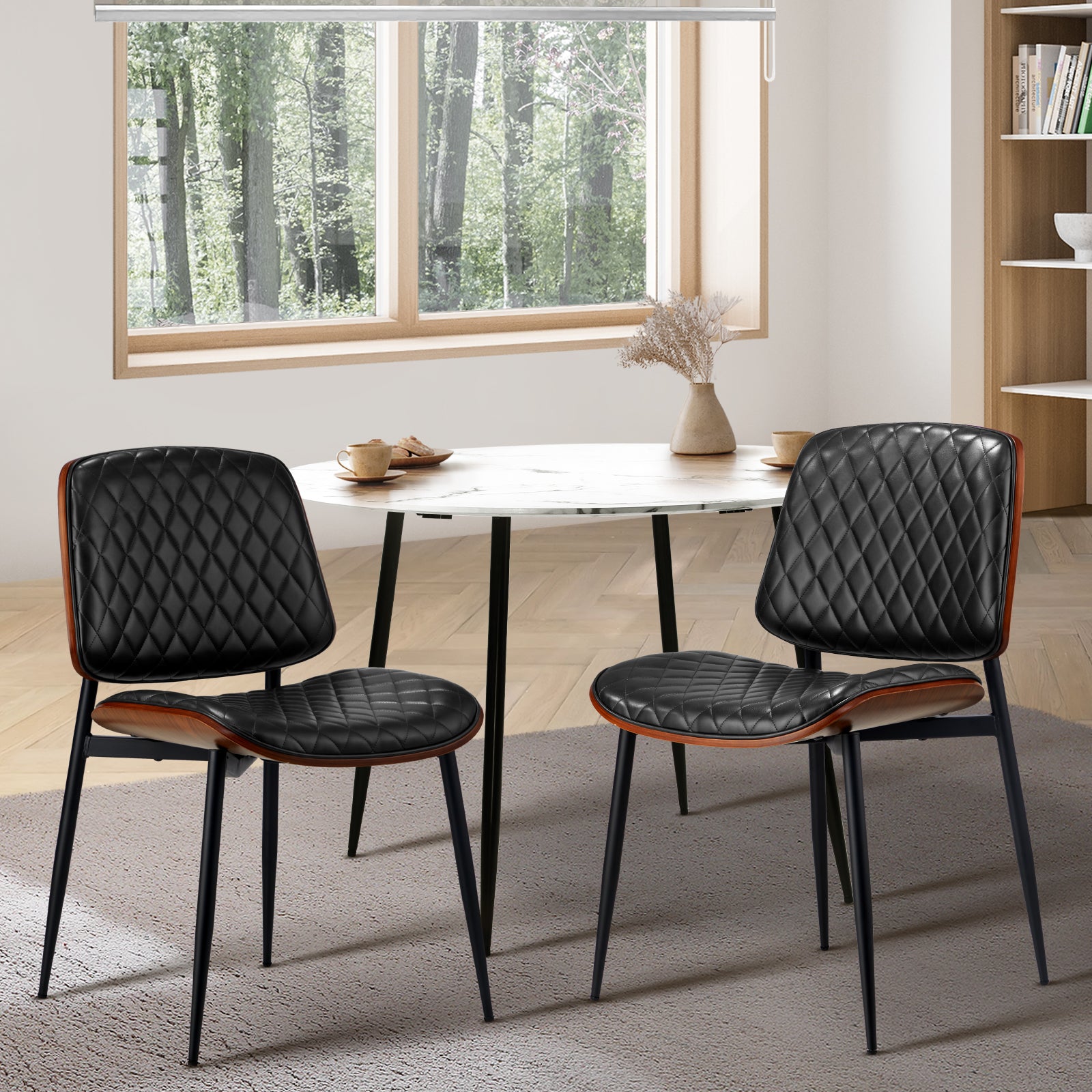 Oikiture 2x Dining Chairs Retro Faux Leather Solid Beech Wood Metal Legs Black - Sunyee