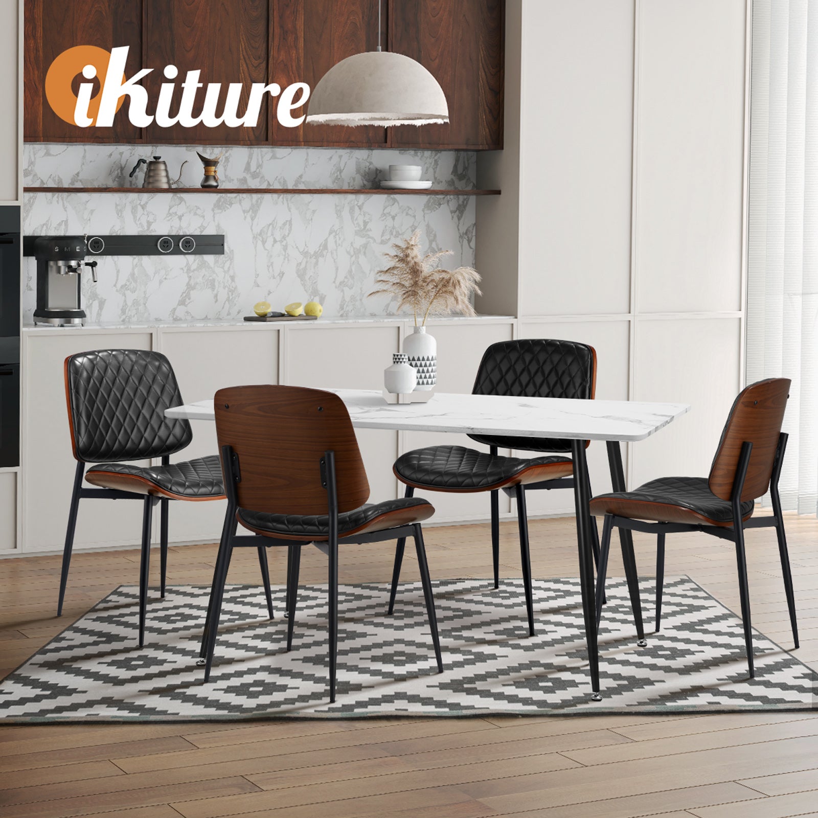 Oikiture 8x Dining Chairs Retro Faux Leather Solid Beech Wood Metal Legs Black - Sunyee