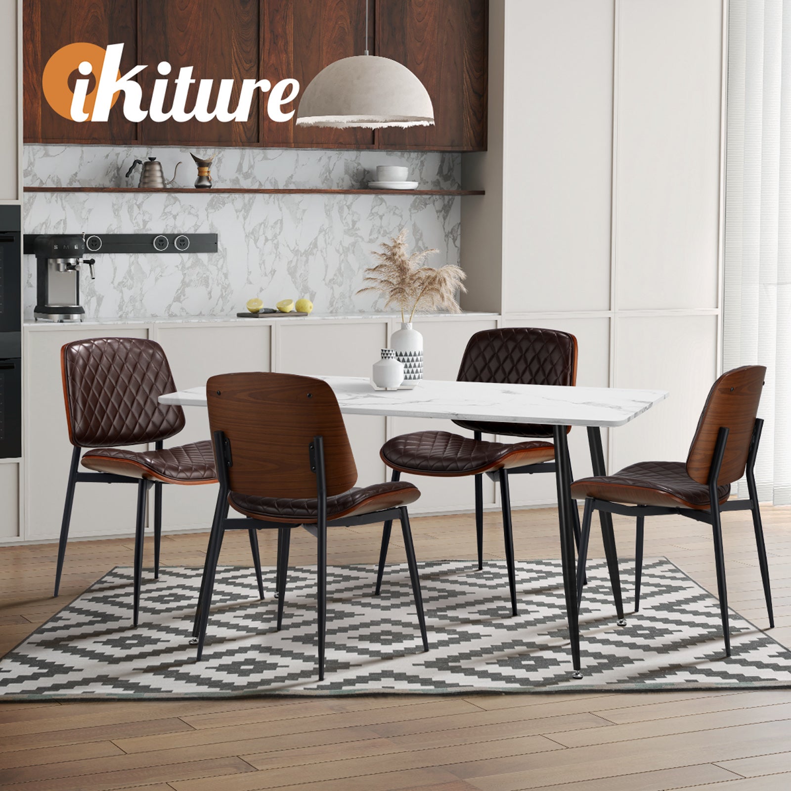 Oikiture 8x Dining Chairs Retro Faux Leather Solid Beech Wood Metal Legs Walnut - Sunyee