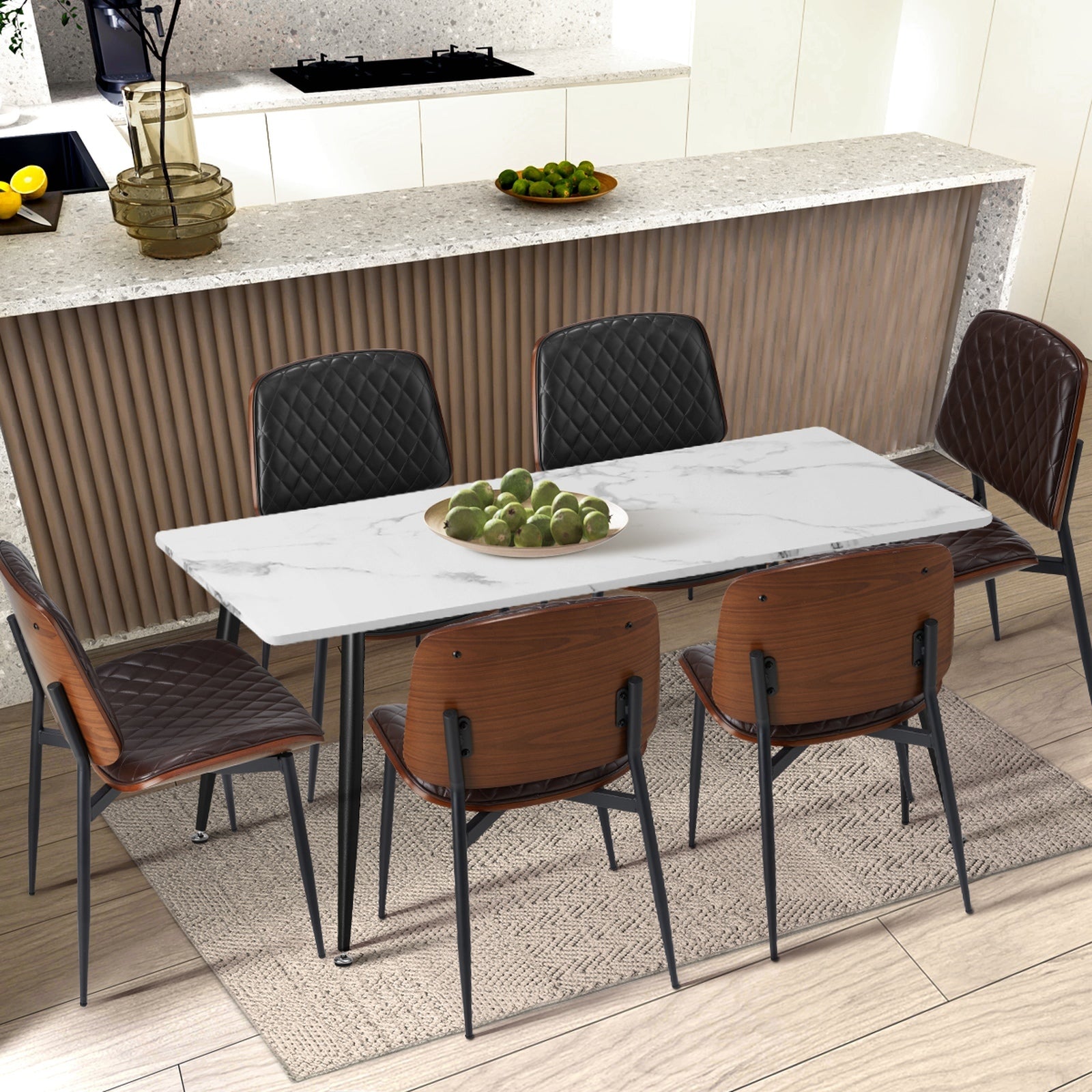 Oikiture 8x Dining Chairs Retro Faux Leather Solid Beech Wood Metal Legs Walnut - Sunyee