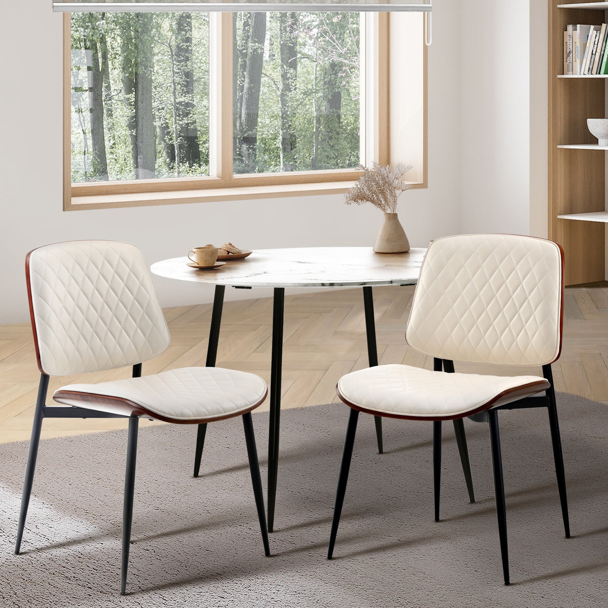Oikiture 2x Dining Chairs Retro Faux Leather Solid Beech Wood Metal Legs White - Sunyee
