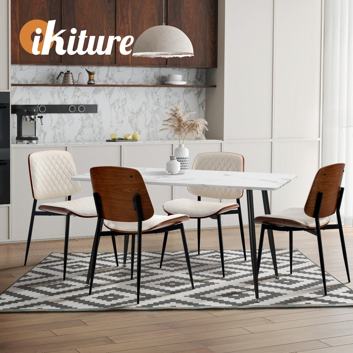 Oikiture 6x Dining Chairs Retro Faux Leather Solid Beech Wood Metal Legs White - Sunyee
