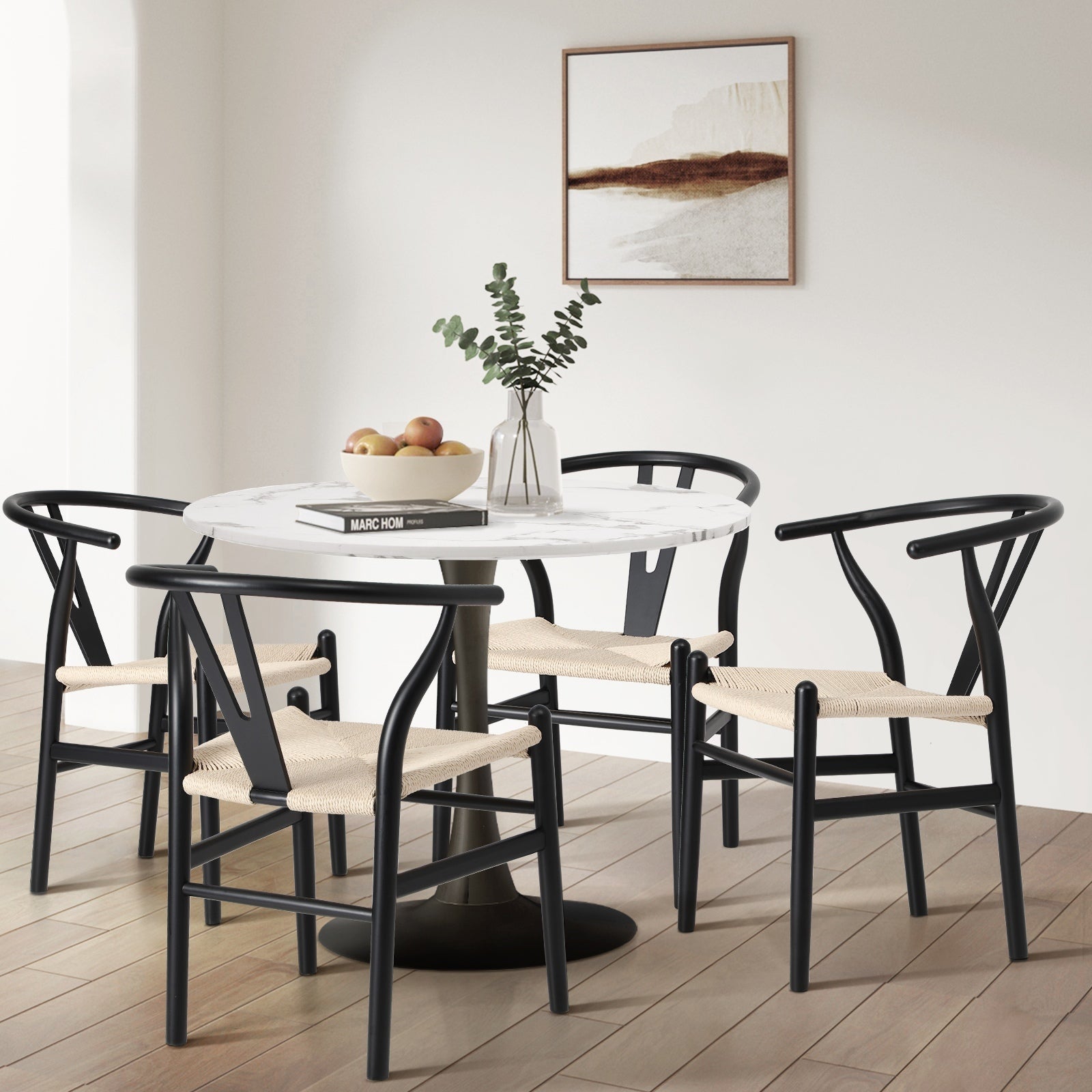 Oikiture 6xDining Chair Wooden Hans Wegner Chair Wishbone Cafe Lounge Seat Black - Sunyee