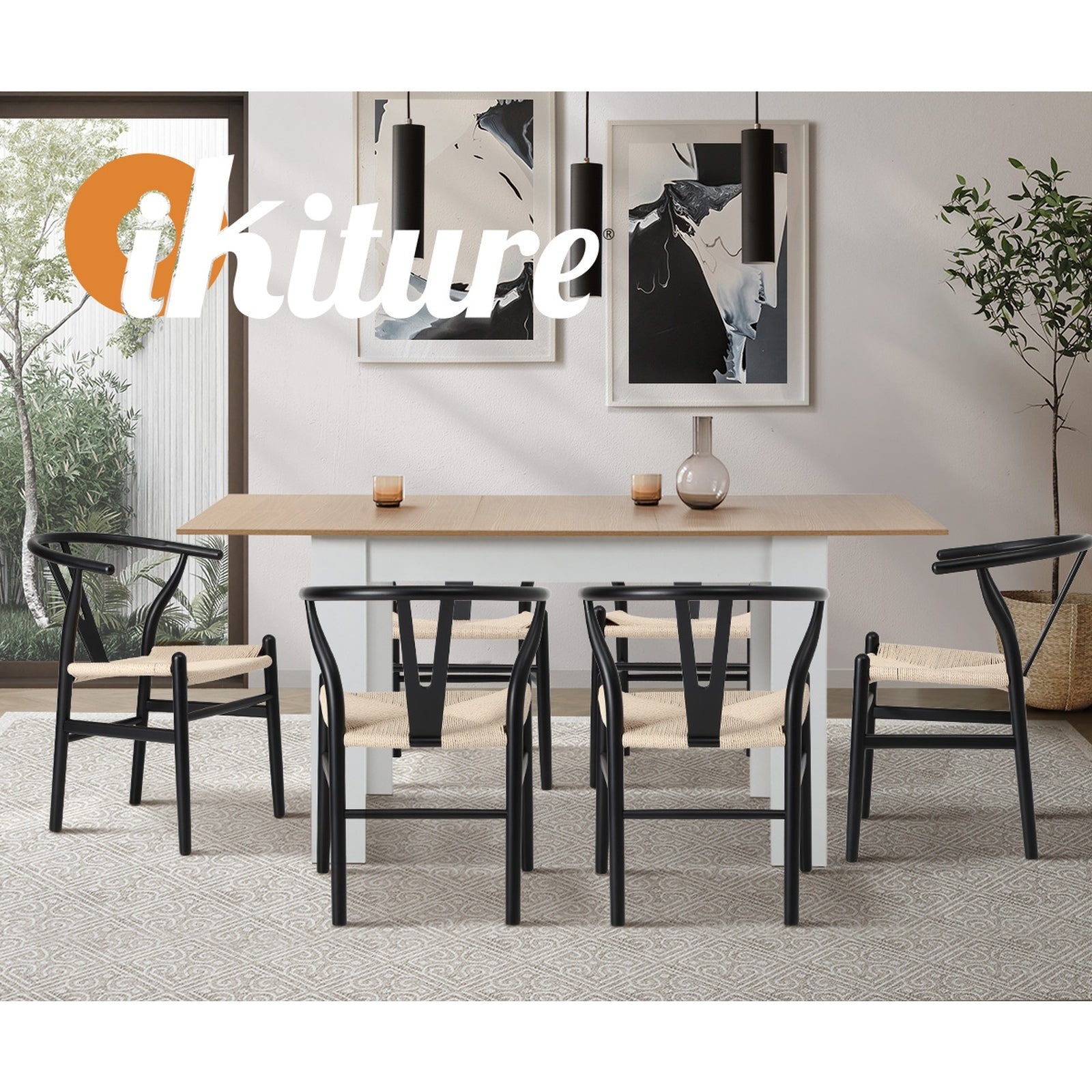 Oikiture 6xDining Chair Wooden Hans Wegner Chair Wishbone Cafe Lounge Seat Black - Sunyee
