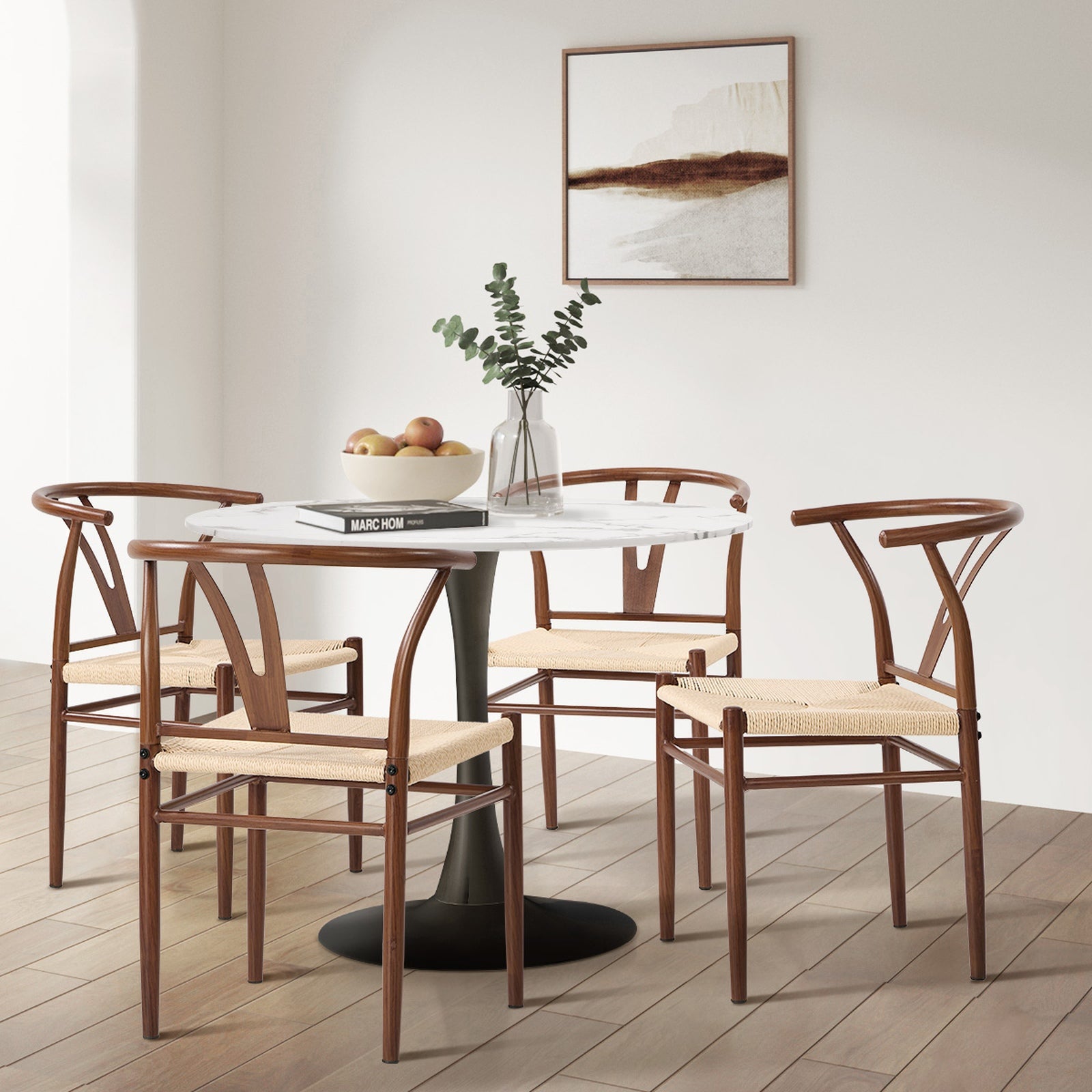Oikiture 2x Dining Chair Metal Hans Wegner Chair Wishbone Cafe Lounge Walnut