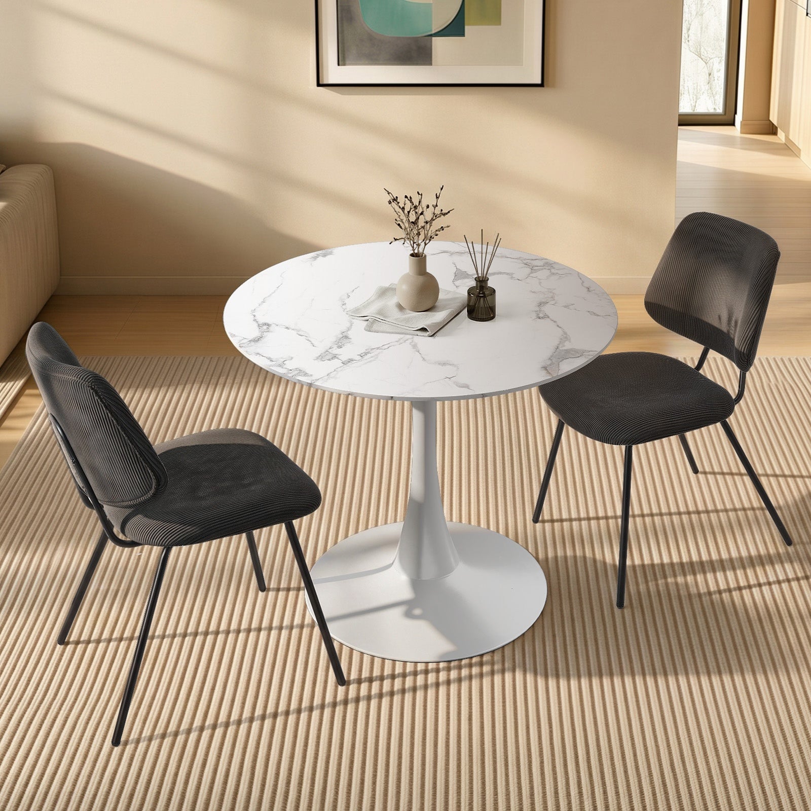 Oikiture Dining Table Set 60cm Round Dining Table and Chairs Black&White