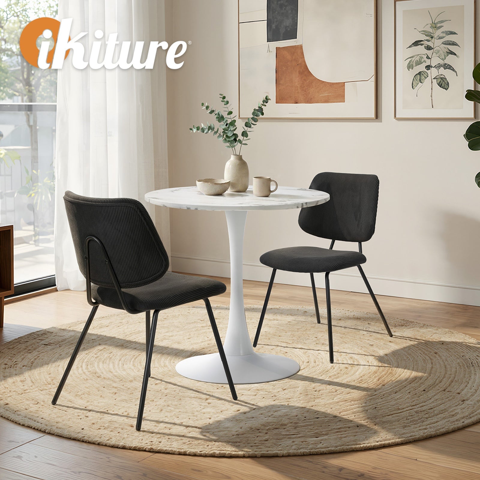 Oikiture Dining Table Set 60cm Round Dining Table and Chairs Black&White