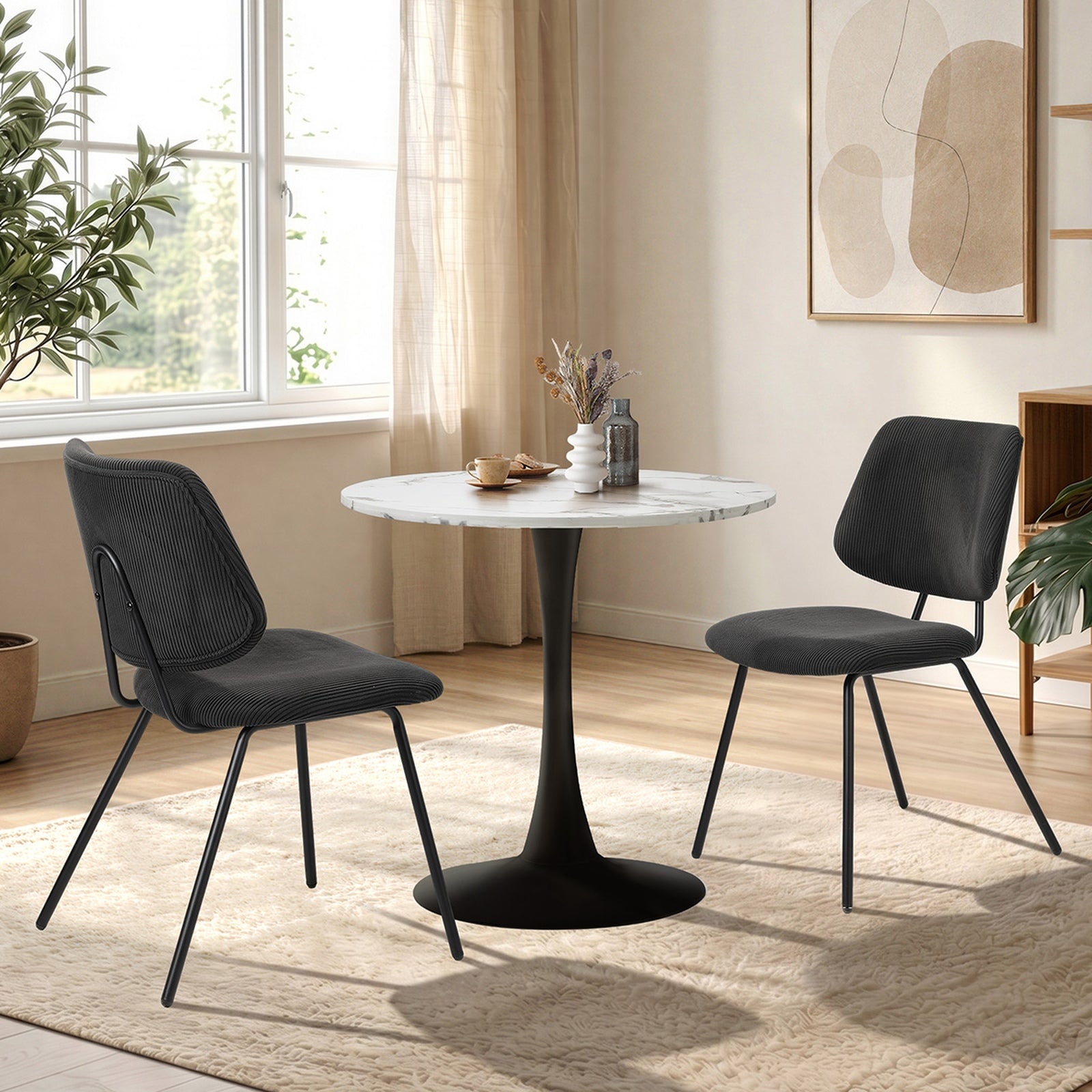 Oikiture Dining Table Set 60cm Round Dining Table and 2x Dining Chairs Black&White