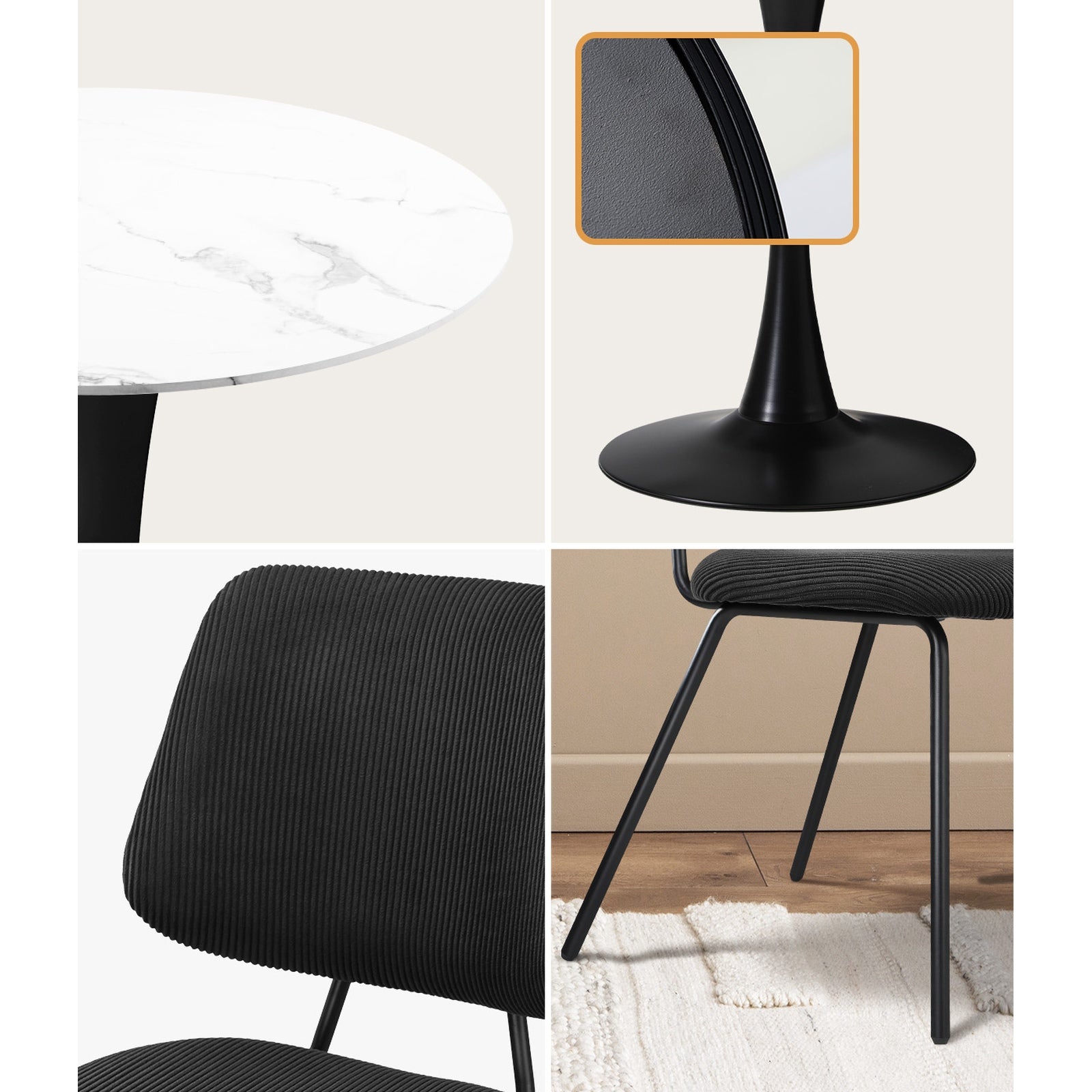 Oikiture Dining Table Set 60cm Round Dining Table and 2x Dining Chairs Black&White