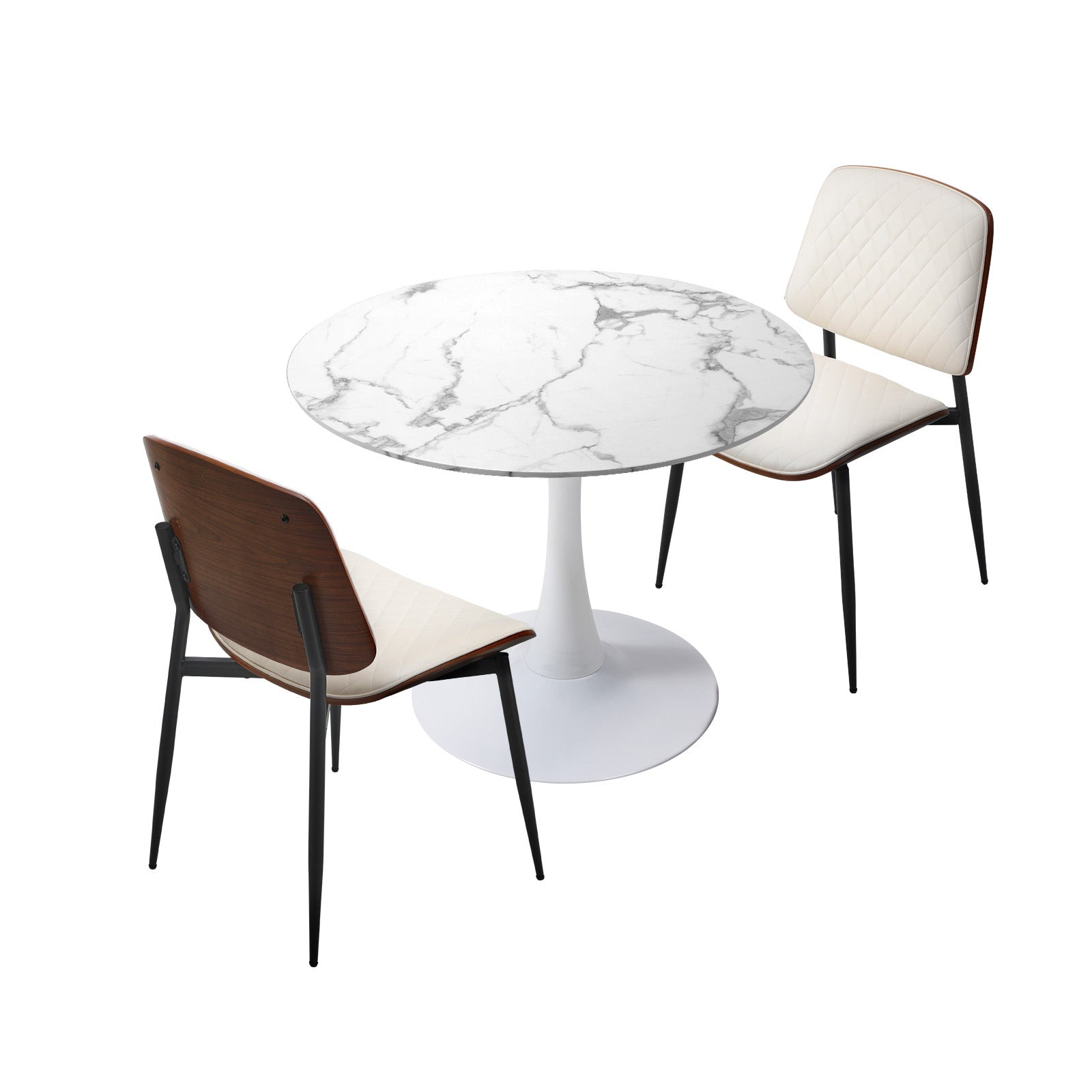 Oikiture Dining Table Set 60cm Round Dining Table and Chairs PU Leather White