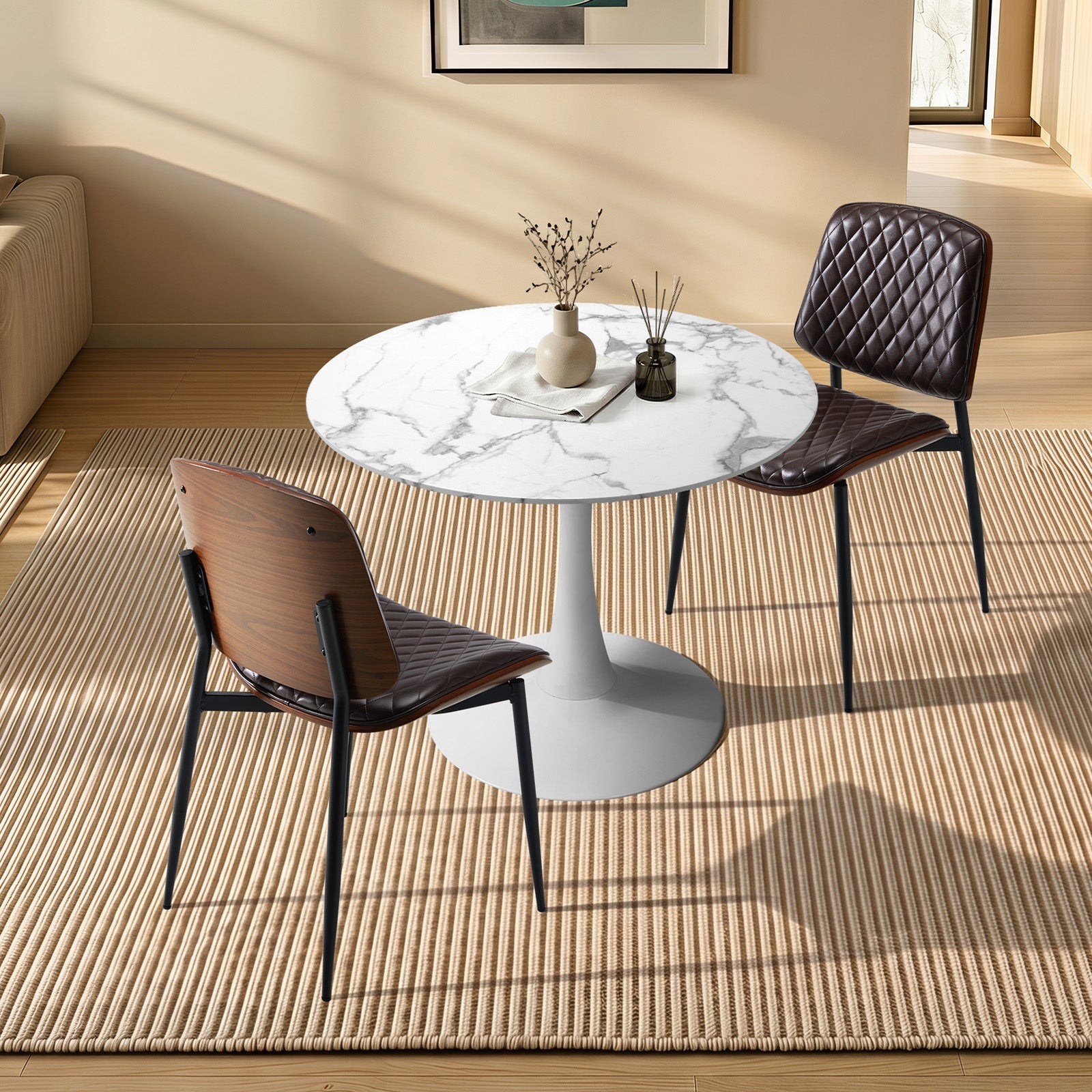 Oikiture Dining Table Set 60cm Round Dining Table and Chairs Brown&White
